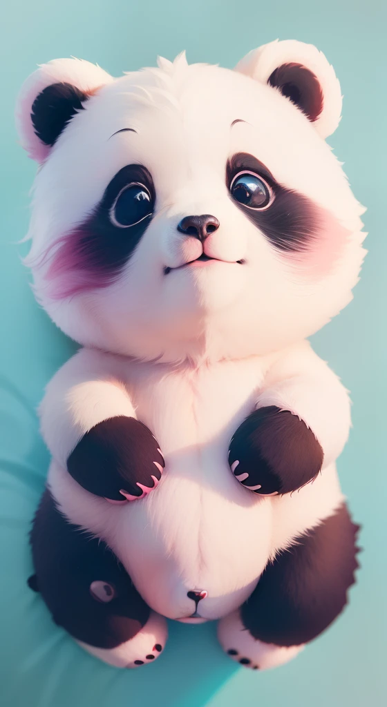 Urso panda,deitado na almofada, fofinho, olhos grandes, estilo cute, kawai, deitado, almofada rosa, macio, fundo rosa claro, borboletas voando, muito fofo