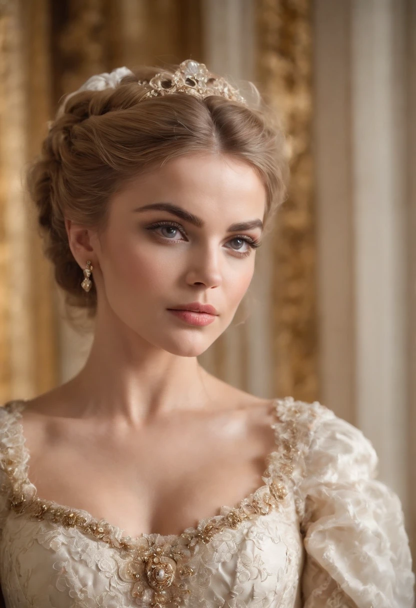 godess, face of carmen electra, woman around 26 years old, blonde, distinctive brown eyes, slender and graceful, beautiful, ultra sharp focus, realistic shot, rococo queen, white royal dress, in victorian aristocrat, intricate victorian dress, dress in the style of rococo, rococo style portrait, rococo dress, beautiful female princess, historical baroque dress, aristocratic clothing, ivory rococo, beautiful fantasy maiden, victorian dress, rococo fashion