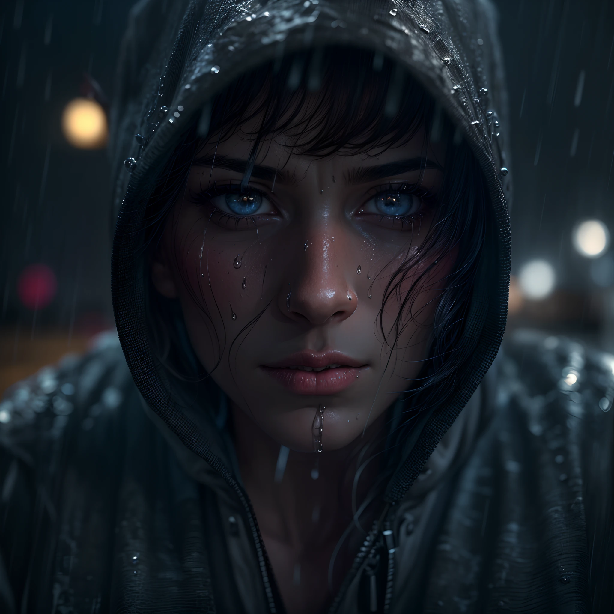 (best quality,4k,8k,highres,masterpiece:1.2),ultra-detailed,(realistic,photorealistic,photo-realistic:1.37),close-up face,rainy night,hoodie with tear,man's face,half face,rainy ambiance,moody lighting,tear rolling down,deep emotions,detailed eyes,detailed lips,sharp focus,wet skin,glistening raindrops,expressive facial expression,hood shadow,reflective street lights,blurry background,narrow depth of field,atmospheric,striking,emotional intensity, ???? style