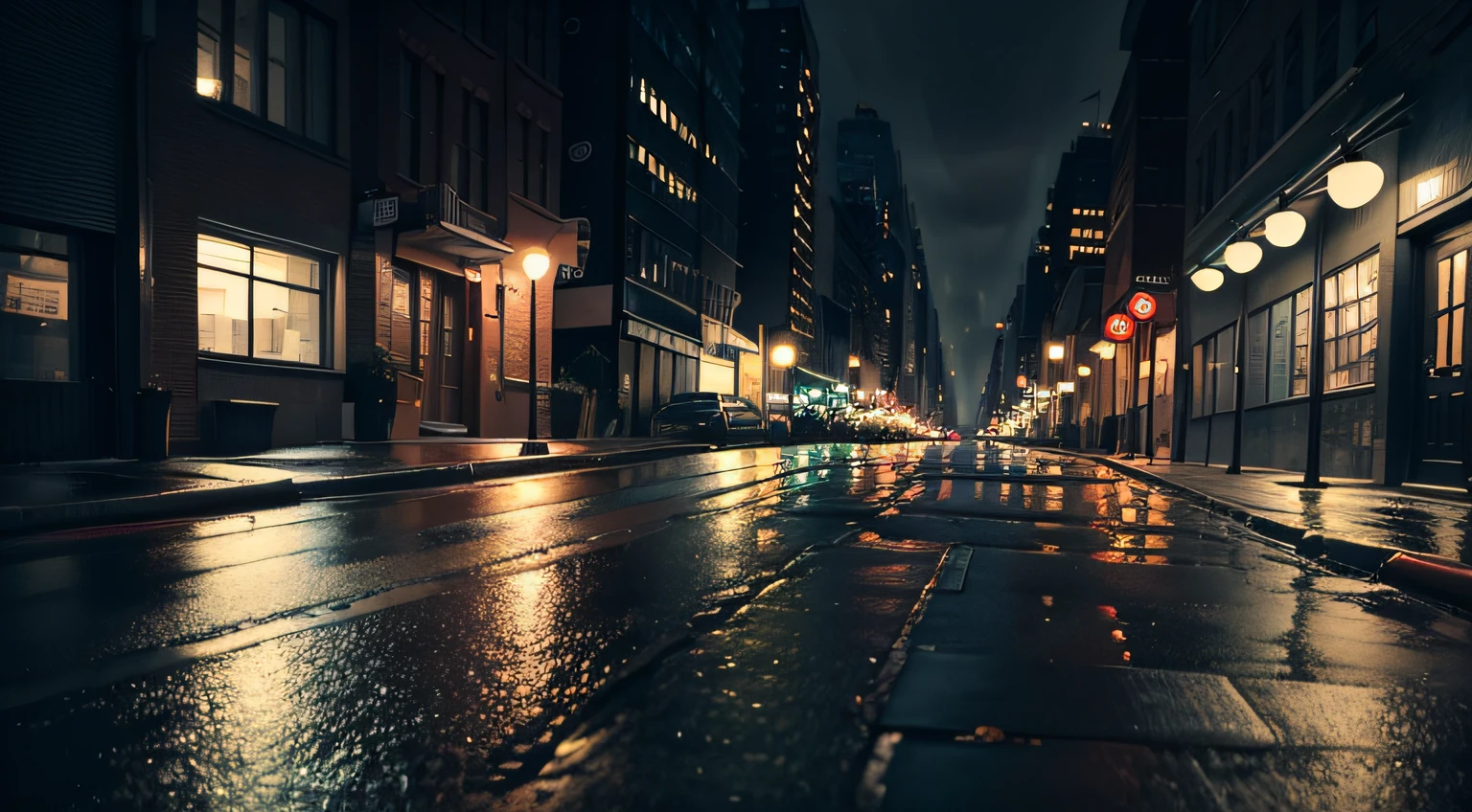 first person view, Manhattan street on a rainy night, dark and peaceful but lonely, Image rich in detailsv