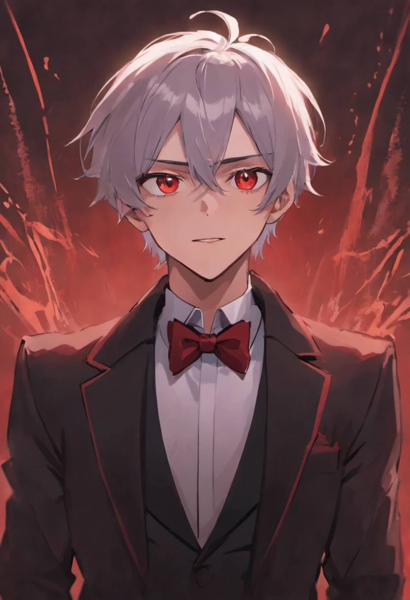 "A charismatic male vampire with a smug expression, sporting a stylish red and black combination tuxedo. He has sleek silver hair, a smart and cunning demeanor, and a laugh that echoes like a psychopath. He exudes an air of villainous charm."