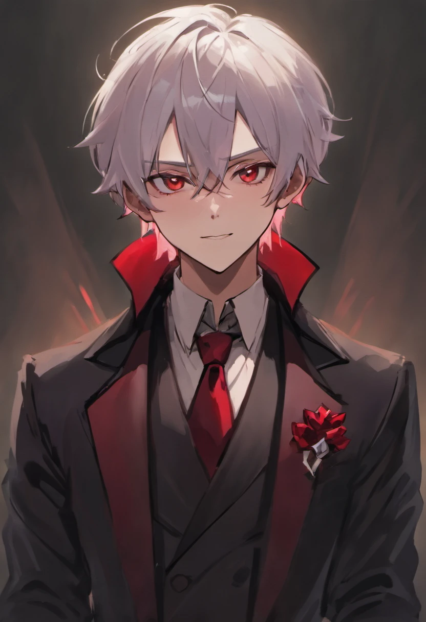 "A charismatic male vampire with a smug expression, sporting a stylish red and black combination tuxedo. He has sleek silver hair, a smart and cunning demeanor, and a laugh that echoes like a psychopath. He exudes an air of villainous charm."