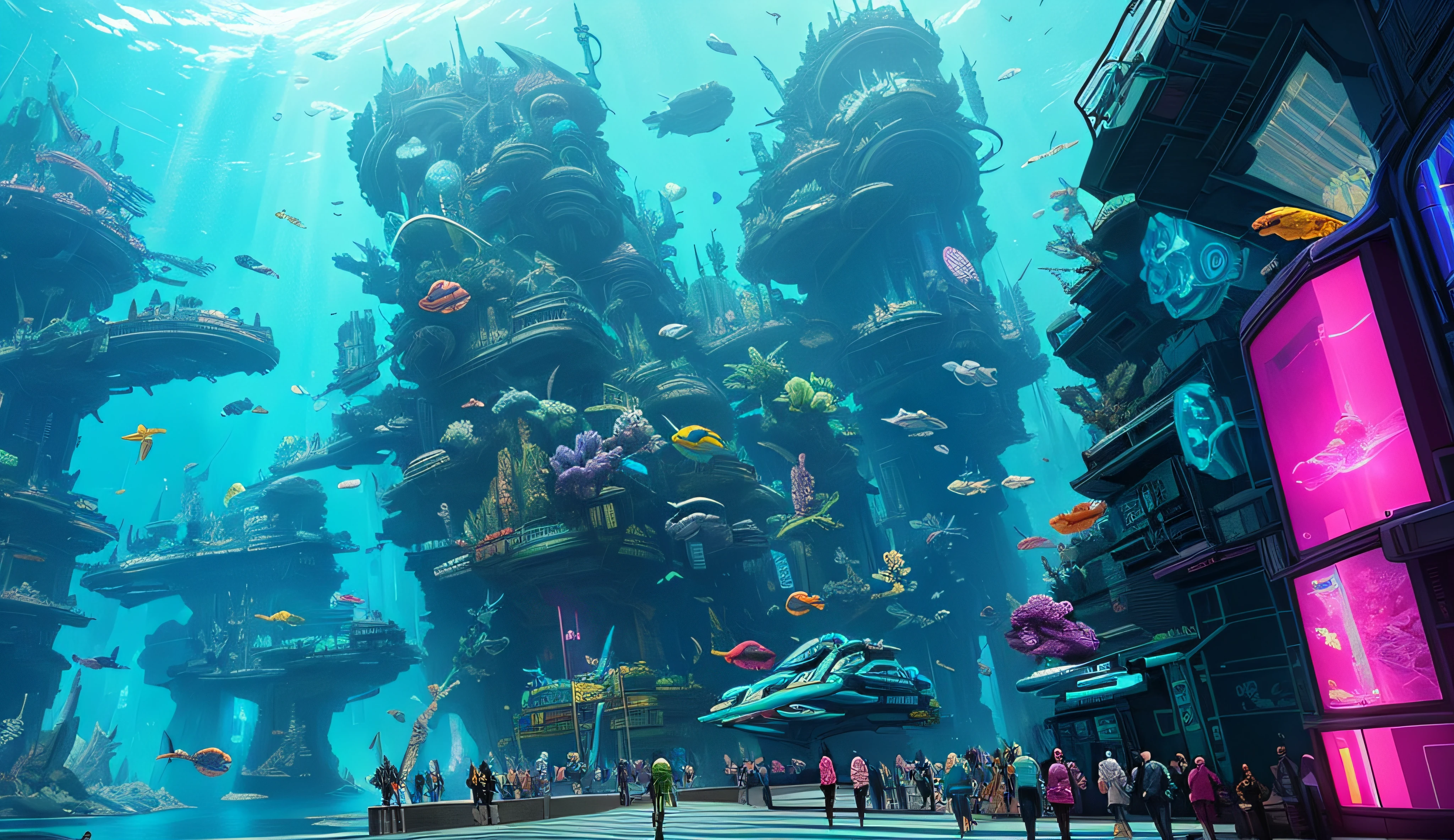 People are walking in a large aquarium with fish and corals, underwater city, futuristic underwater metropolis, an underwater city, arte conceitual colorida, underwater market, colorful dystopian futurism, Em Fantasy Sci - Cidade de Fi:, arte conceitual do metaverso, cyberpunk em alto mar, 8K resolution concept art, 8K resolution concept art, City of Atlantis, cores cyberpunk coloridas sonhadoras, Cyberpunk Atlantis