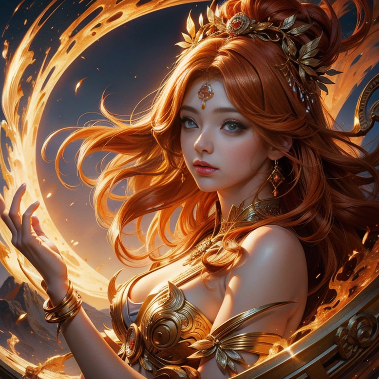 (Masterpiece, best quality: 1.2), a girl standing in a ring of fire, with glowing red eyes, phoenix, lotus flowers, red gold pink