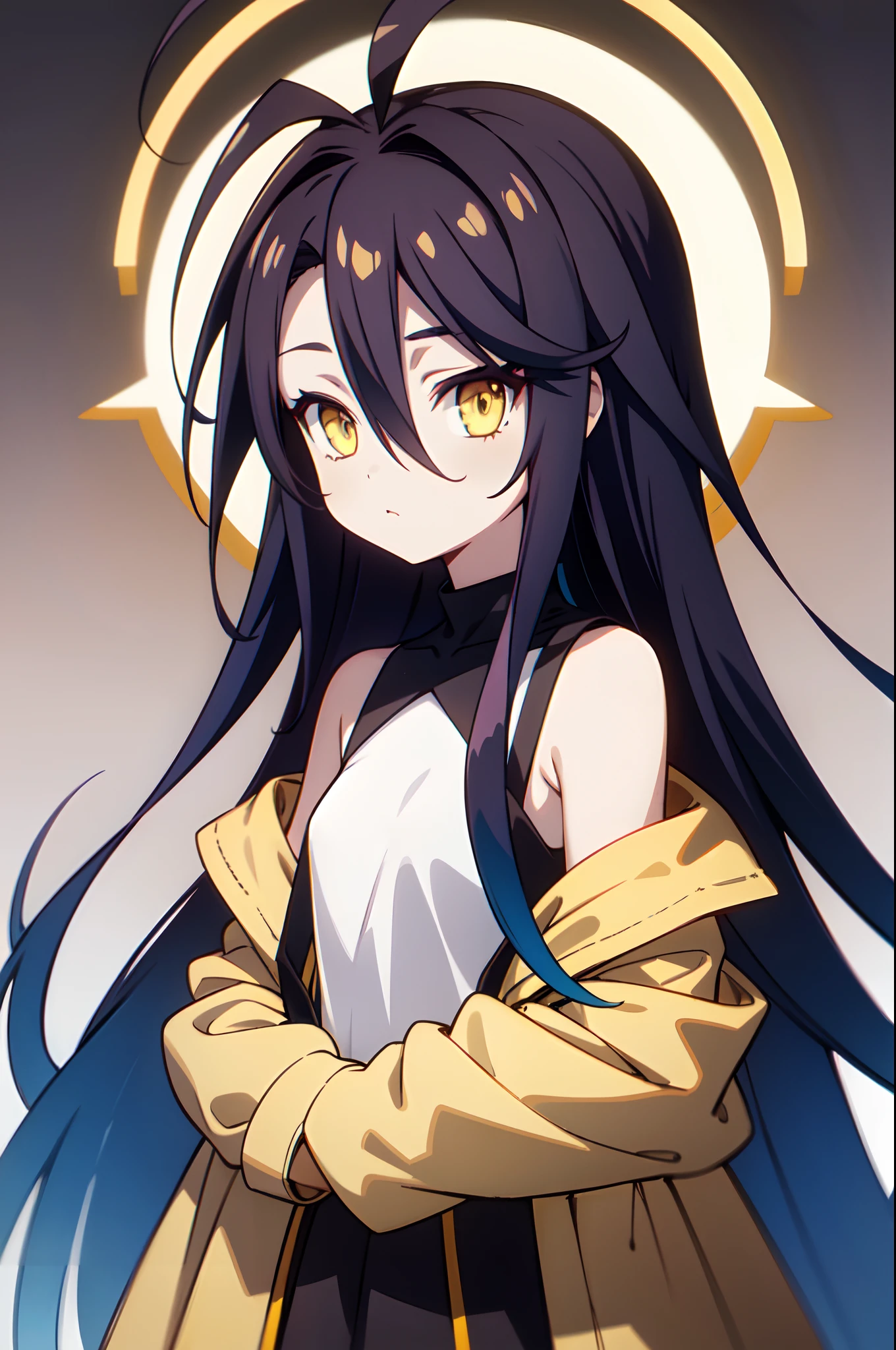 1girl, teen, solo, absurdly long hair, big hair, ahoge, hair bangs, hair between eyes, spiked hair, messy hair, (black hair, yellow hair, blue hair, gradient hair:1.2), neutral, inexpressive, (small breasts, ****:1.2), yellow eyes, wearing just a simple coat, brown coat, arms behind back, pale skin, looking at viewer, standing, (upper body, face only), masterpiece, best quality, 4k