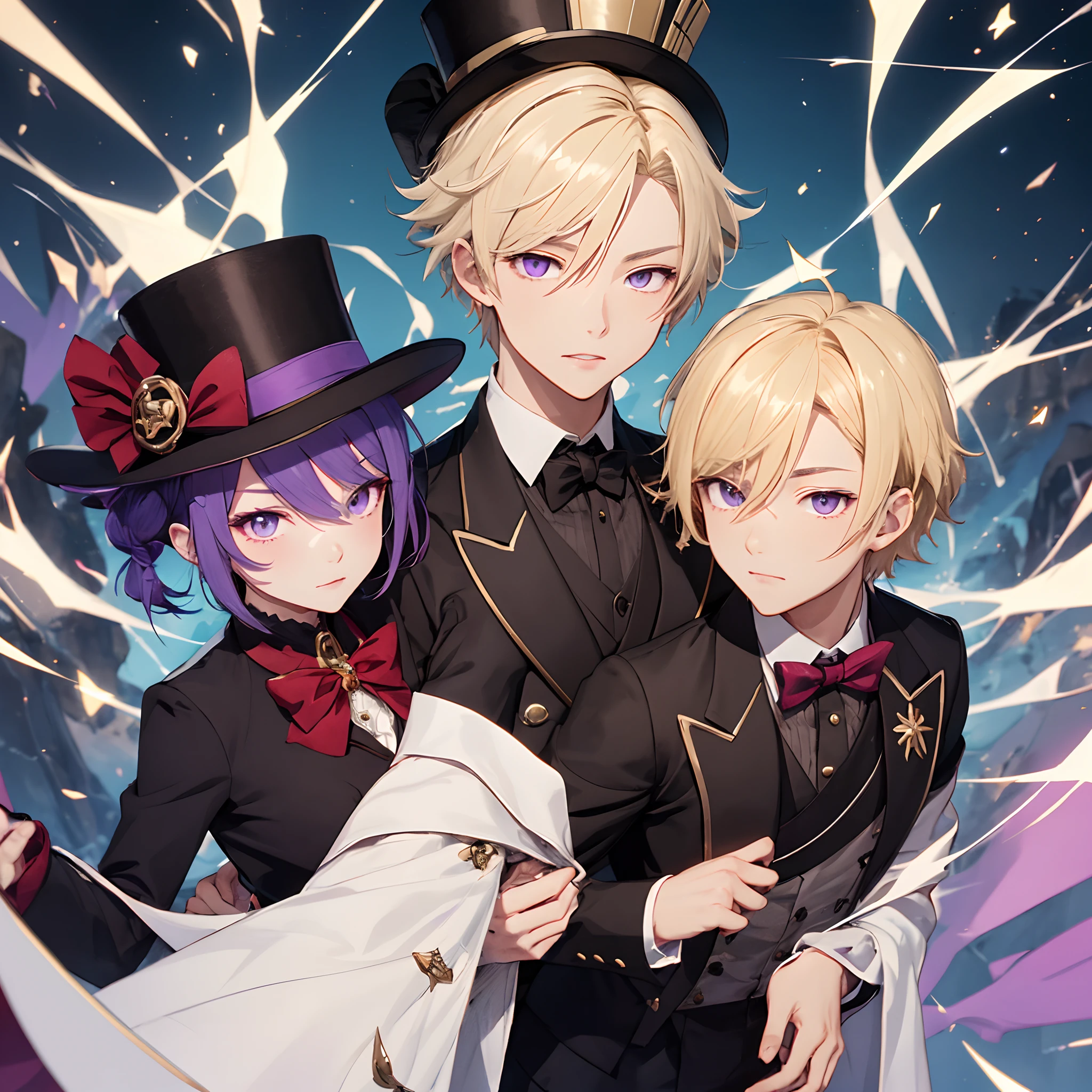 Lyney [genshin impact], short boy, short blonde hair, purple eyes, top hat