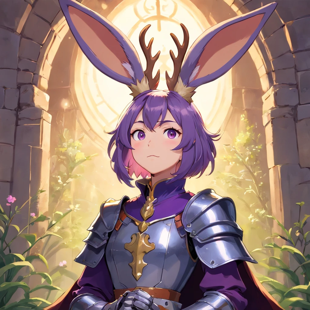 Knight Jackalope, short purple hair, jackalope antlers, dark armor(masterpiece, best quality)