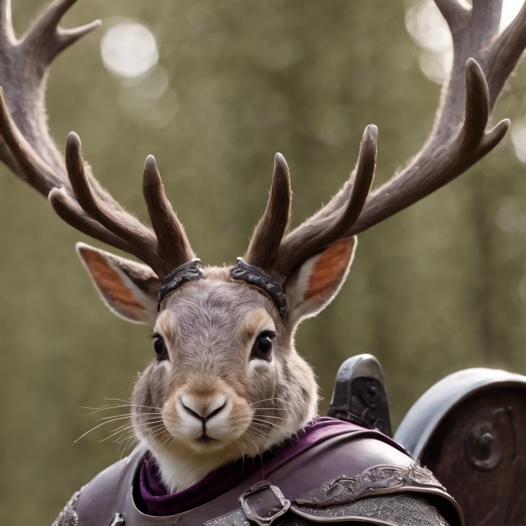 Knight Jackalope, short purple hair, jackalope antlers, dark armor(masterpiece, best quality)