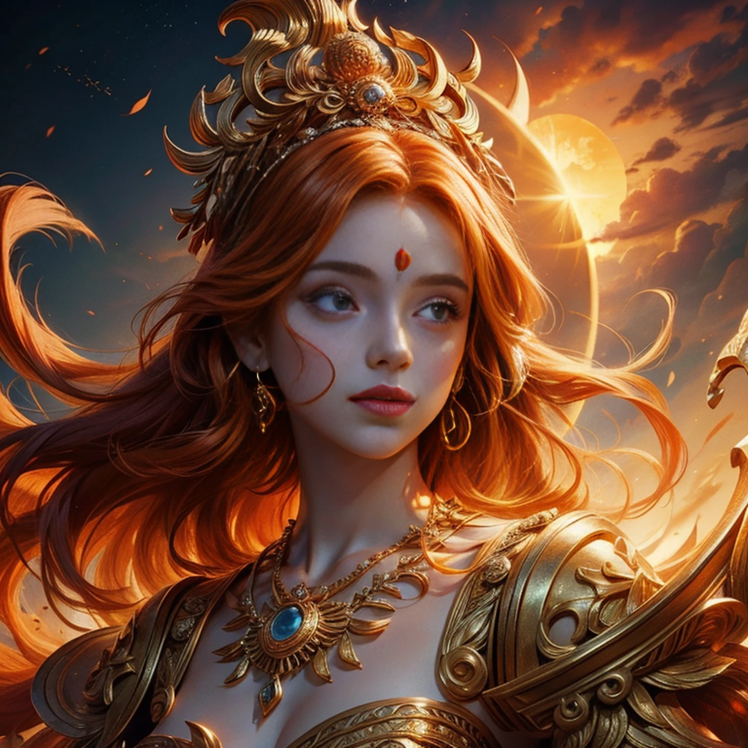 Goddess in ancient mythology,goddess of the sun,Golden-red hair,Beautiful and delicate face,floated hair,offcial art,Extremely detailed ,Dynamic background,8k wallpaper,official aesthetics,Mythological aesthetics