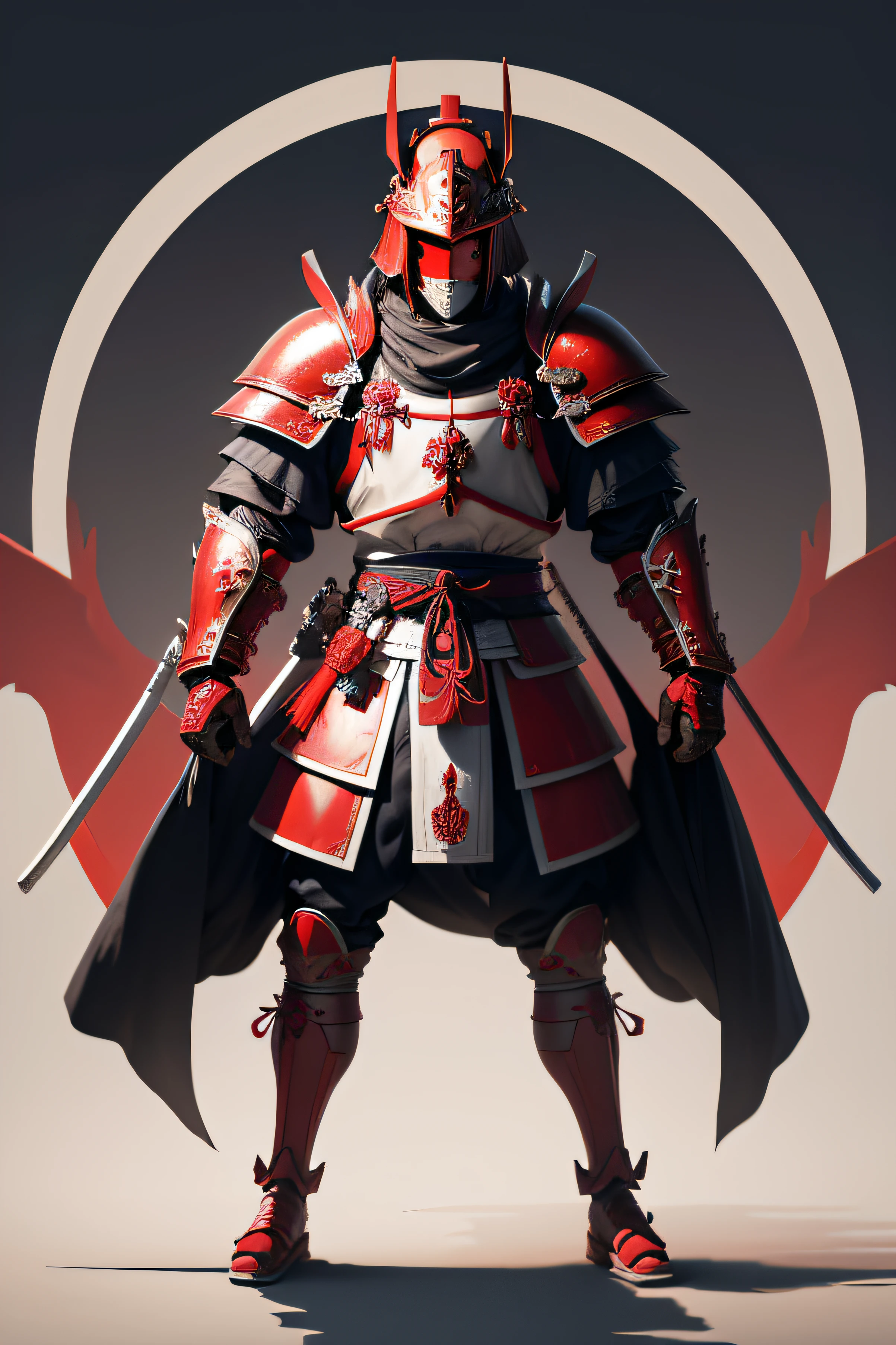 white background, Samurai with cover face, big samurai hat, red samurai armor, prayer hand positions with red armor on, dragon samurai mask with red eyes, full body