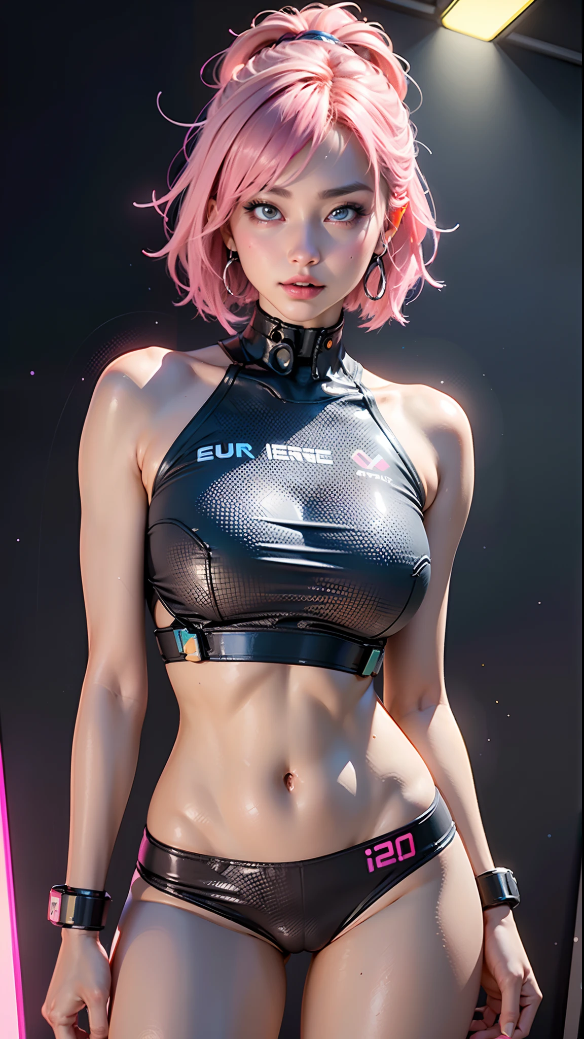 best qualtiy,tmasterpiece,A high resolution,1girl,Woman body defined thighs, cybernetic body parts,Short neon underwear,synth wave neon color clothes, bright clothes, sci-fy,Large breasts,Seductive pose, perfect eyes。A high resolution, 8k, Background bokeh, synthwave neon colors