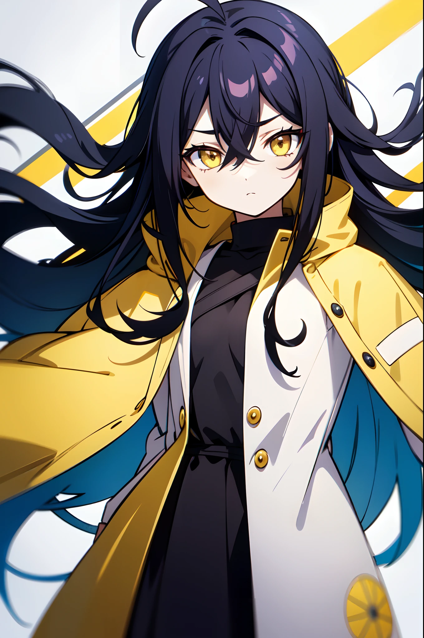 1girl, , solo, absurdly long hair, big hair, ahoge, hair bangs, hair between eyes, spiked hair, messy hair, (black hair, yellow hair, blue hair, gradient hair:1.2), neutral, inexpressive, (small breasts, loli:1.2), yellow eyes, wearing just a simple coat, brown coat, arms behind back, pale skin, looking at viewer, standing, (upper body, face only), masterpiece, best quality, 4k