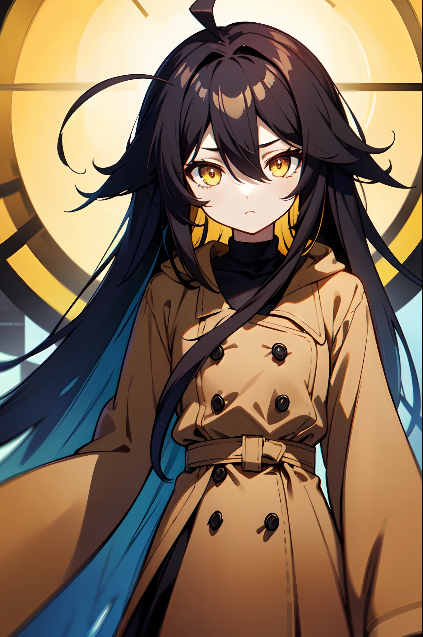 1girl, , solo, absurdly long hair, big hair, ahoge, hair bangs, hair between eyes, spiked hair, messy hair, (black hair, yellow hair, blue hair, gradient hair:1.2), neutral, inexpressive, (small breasts, loli:1.2), yellow eyes, wearing just a simple coat, (((brown coat))), arms behind back, pale skin, looking at viewer, standing, (upper body, face only), masterpiece, best quality, 4k