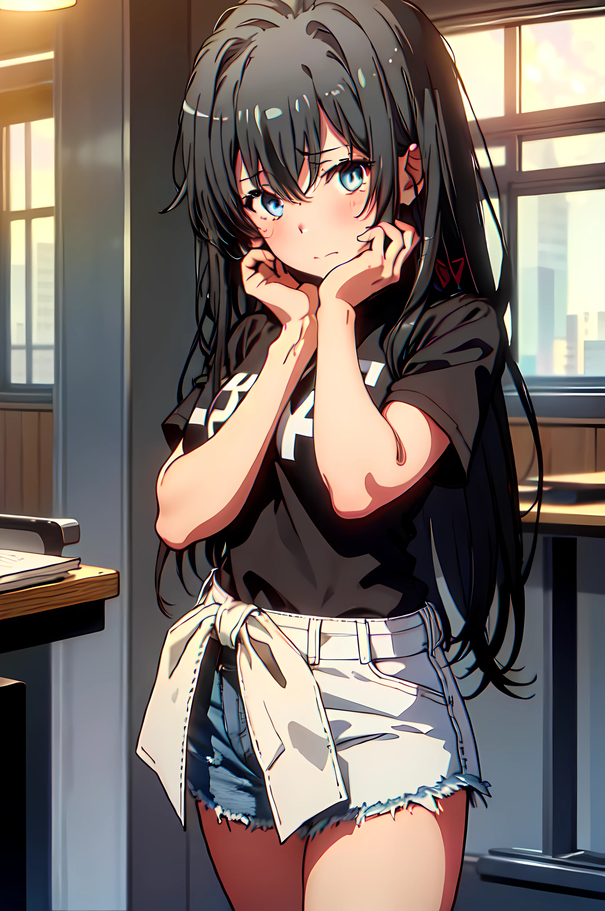 (UHD, super high quality, ultra detailed, masterpiece, cinematic), highres, 1girl, movie quality, cinematic lighting, (particle lighting), cafe, window overlooking beautiful scenery, simple background, yukinoshitaYukino, dark hair, (detailed eyes), (detailed face), blue super detailed eyes, reading book, black t-shirt, (black shirt), (blue jean shorts), short sleeve shirt, shorts, thick thighs, face blush, smooth skin, standing up, whole body, low camera angle,