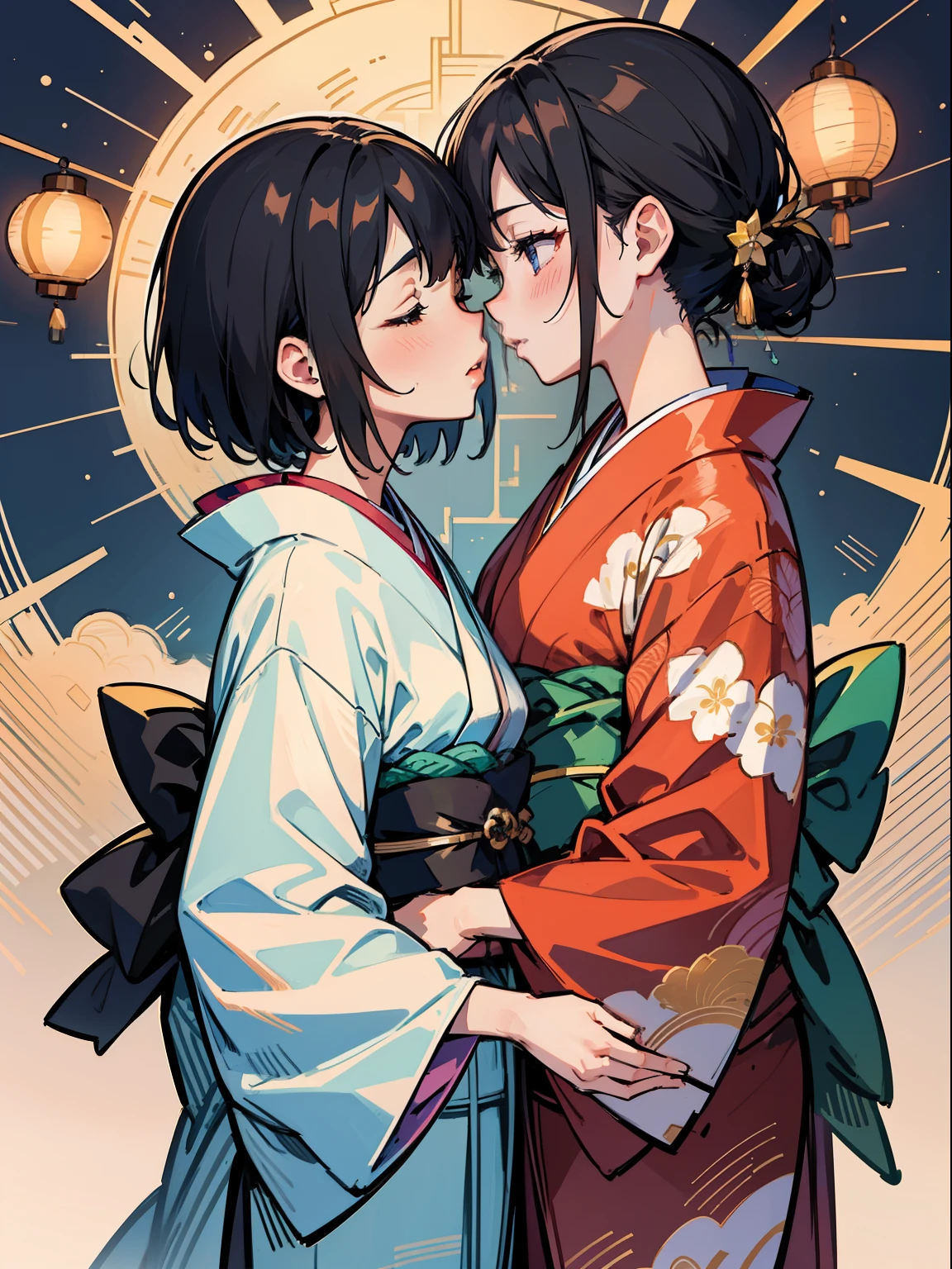master-piece,hyper quality, hyper detailed,perfect drawing,two beautiful girls, lovers, dodging kisses, closing eyes, kimono beauty, kimono, kimono, kimono, black hair, japanese hair, half-open lips, sucking lips strongly, drooling, elegant, brilliant, beautiful, blush (0.2), gorgeous, beautiful, gorgeous, gentle, starry sky, milky way, summer triangle, Tanabata and bamboo ornaments, precise drawings, detailed drawings,