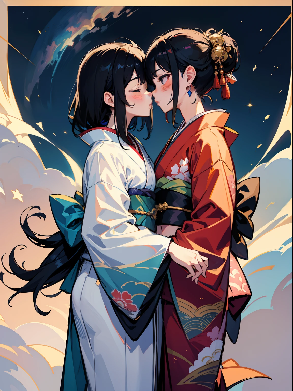 master-piece,hyper quality, hyper detailed,perfect drawing,two beautiful girls, lovers, dodging kisses, closing eyes, kimono beauty, kimono, kimono, kimono, black hair, japanese hair, half-open lips, sucking lips strongly, drooling, elegant, brilliant, beautiful, blush (0.2), gorgeous, beautiful, gorgeous, gentle, starry sky, milky way, summer triangle, Tanabata and bamboo ornaments, precise drawings, detailed drawings,