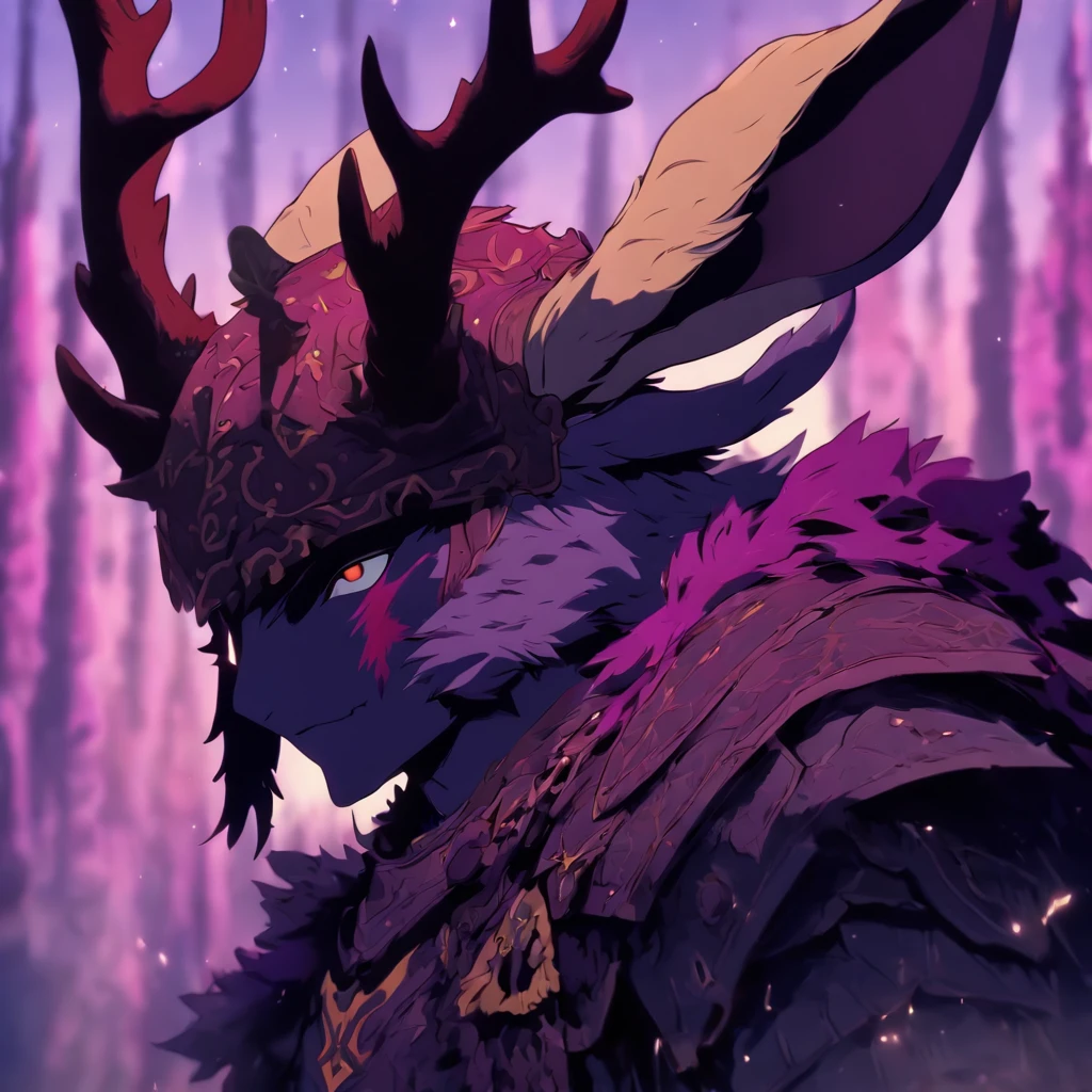 Knight Jackalope, short purple hair, jackalope antlers, dark armor(masterpiece, best quality)