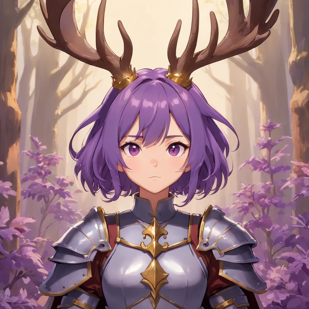 Knight Jackalope, short purple hair, jackalope antlers, dark armor(masterpiece, best quality)