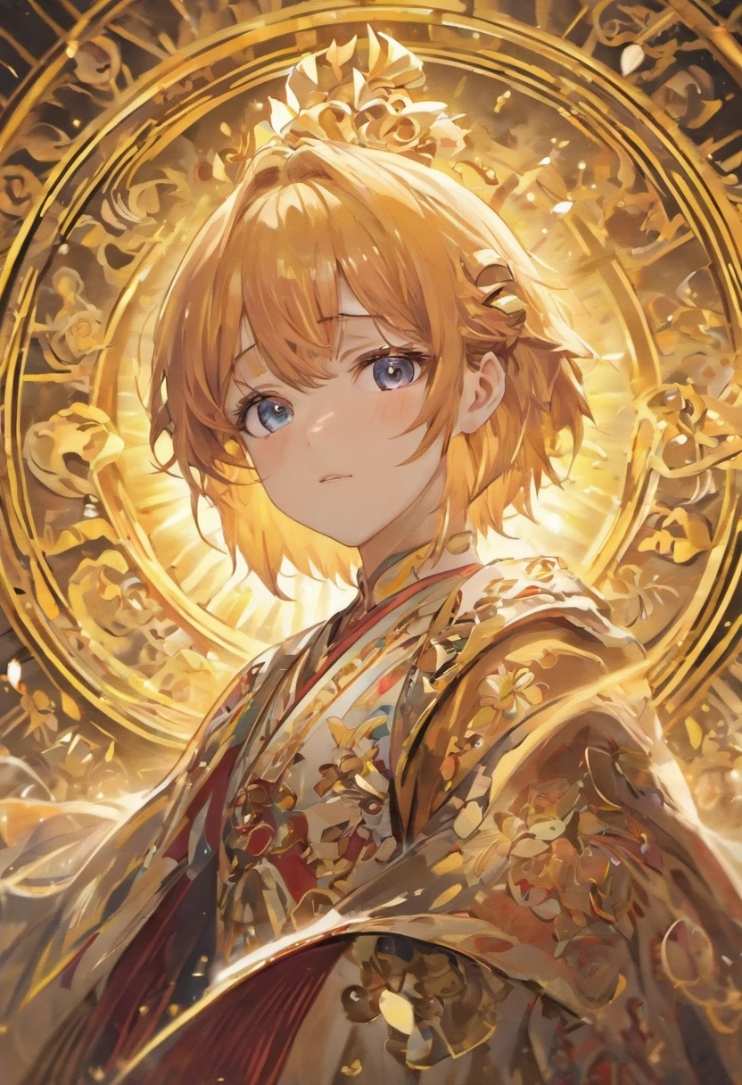 (best quality,4k,highres,masterpiece:1.2),ultra-detailed,(realistic,photorealistic,photo-realistic:1.37),A handsome young boy in aristocrat clothing, Tarot card format, Ornate borderlines, Well structured face, Highly defined expression, beautiful ambience, vibrant colors, magical lighting.