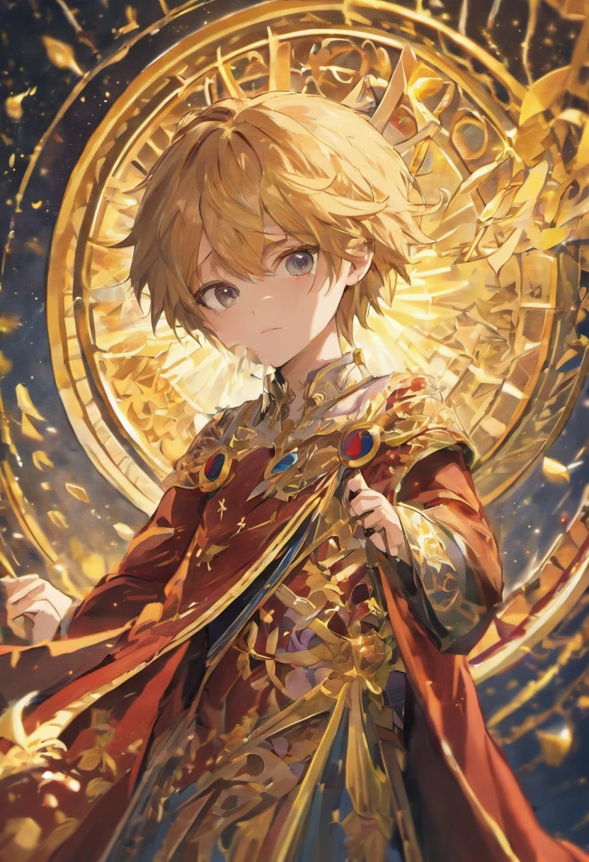 (best quality,4k,highres,masterpiece:1.2),ultra-detailed,(realistic,photorealistic,photo-realistic:1.37),A handsome young boy in aristocrat clothing, Tarot card format, Ornate borderlines, Well structured face, Highly defined expression, beautiful ambience, vibrant colors, magical lighting.