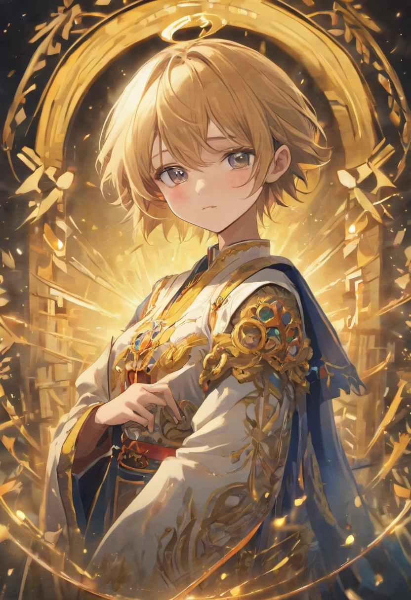 (best quality,4k,highres,masterpiece:1.2),ultra-detailed,(realistic,photorealistic,photo-realistic:1.37),A handsome young boy in aristocrat clothing, Tarot card format, Ornate borderlines, Well structured face, Highly defined expression, beautiful ambience, vibrant colors, magical lighting.
