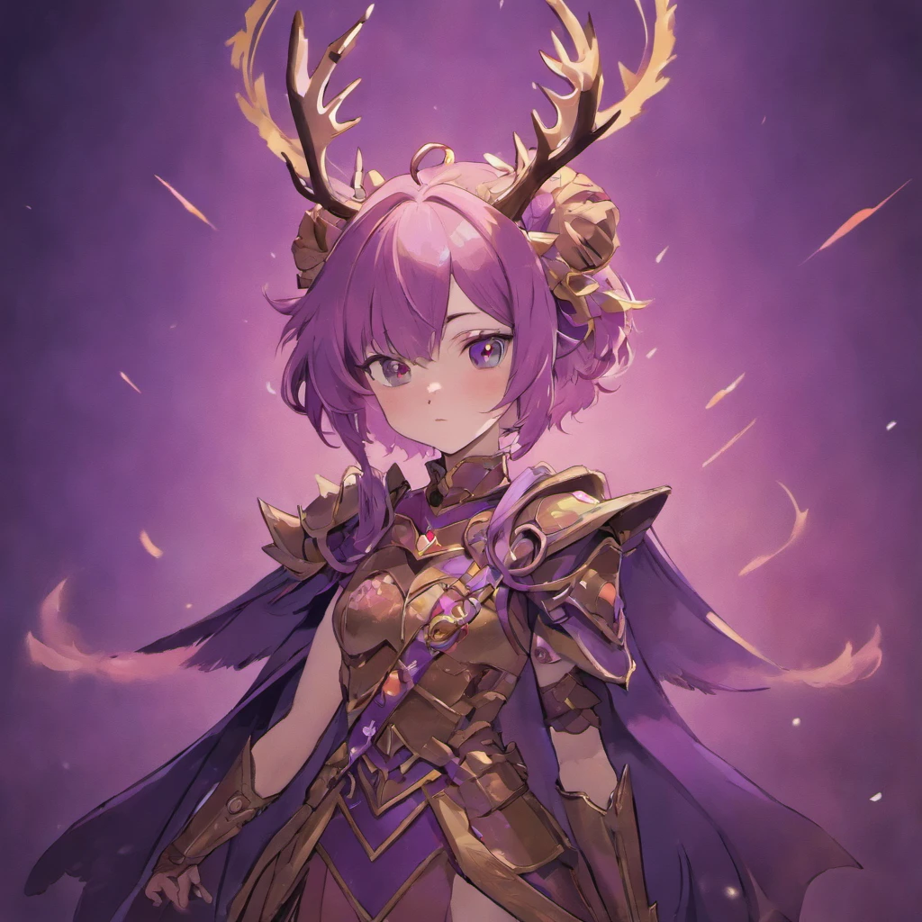 Make an anime character that is a humanized dragon with long brown hair, purple eyes, and purple clothes, that has goat horns and a purple tail