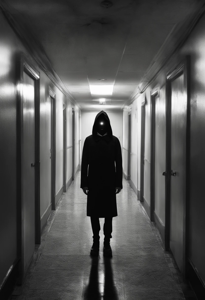 "Describe the terrifying scene in a dark, dimly lit hallway, onde uma criatura humanoides de pele escura, com olhos vermelhos brilhantes como os de um lobo, is immobile at the end, staring directly into the camera with a frightening and mysterious look.”