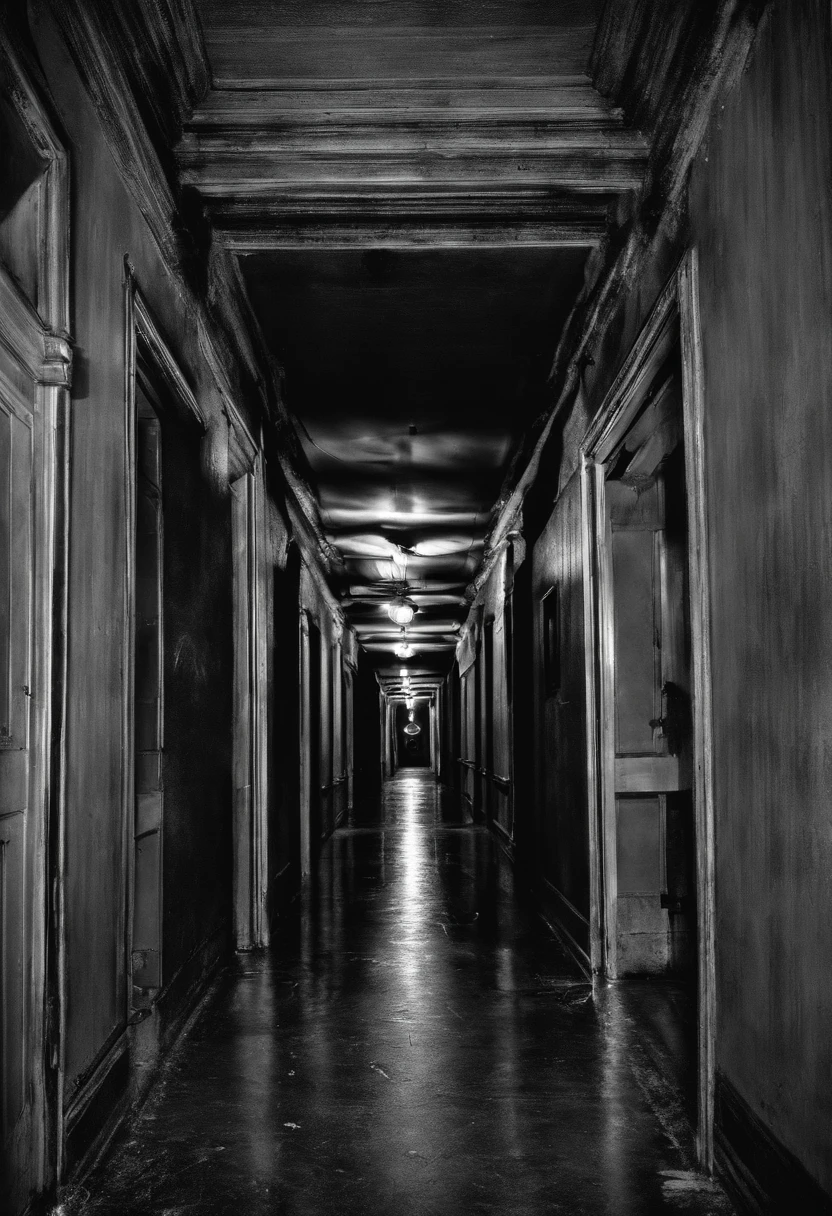 "Describe the terrifying scene in a dark, dimly lit hallway, onde uma criatura humanoides de pele escura, com olhos vermelhos brilhantes como os de um lobo, is immobile at the end, staring directly into the camera with a frightening and mysterious look.”