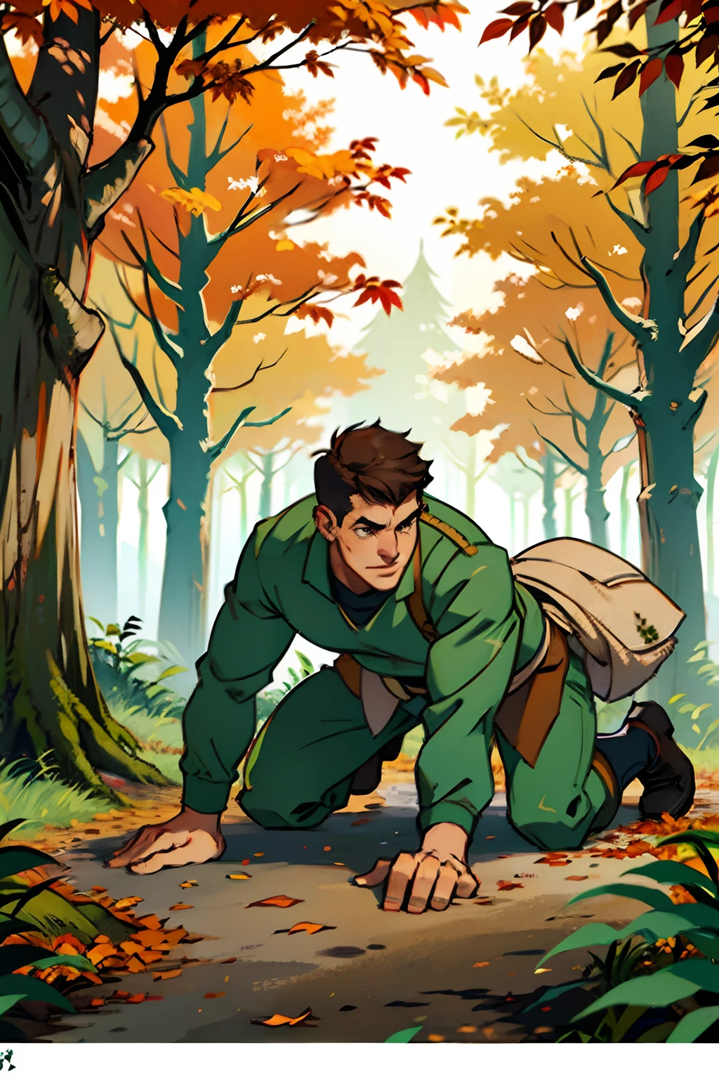 A young man crawling on the ground through the woods, background is autumn trees in dark forest, mood is arrested frustration, character design.