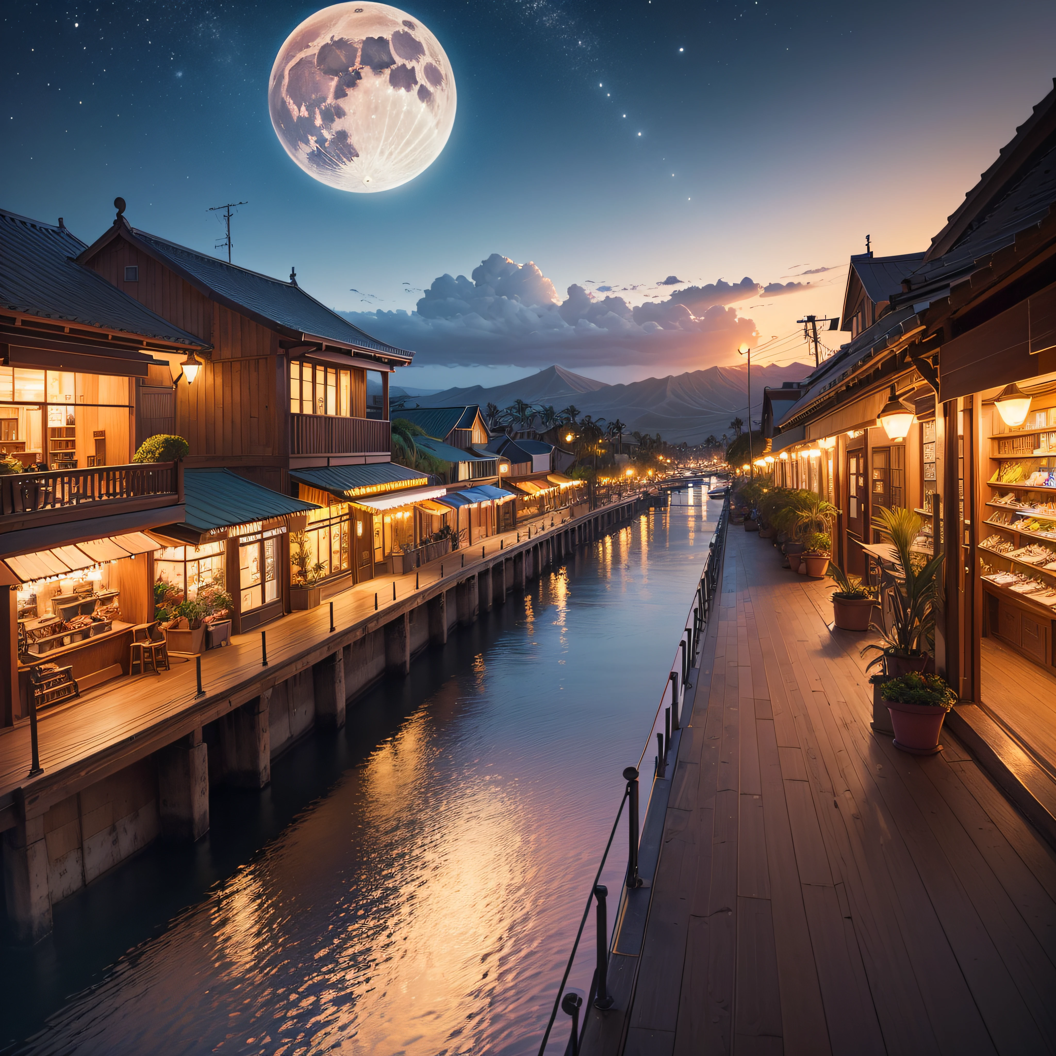 beautiful Hawaii, Lahaina ocean, boats Stores, Galleries, are in view the moon is full night(best quality,ultra - detailed, Illustration,Best shadow,masterpiece,A high resolution,professional artwork,famous artwork, In the style of Christian Riese Lassen Hawaii Artist