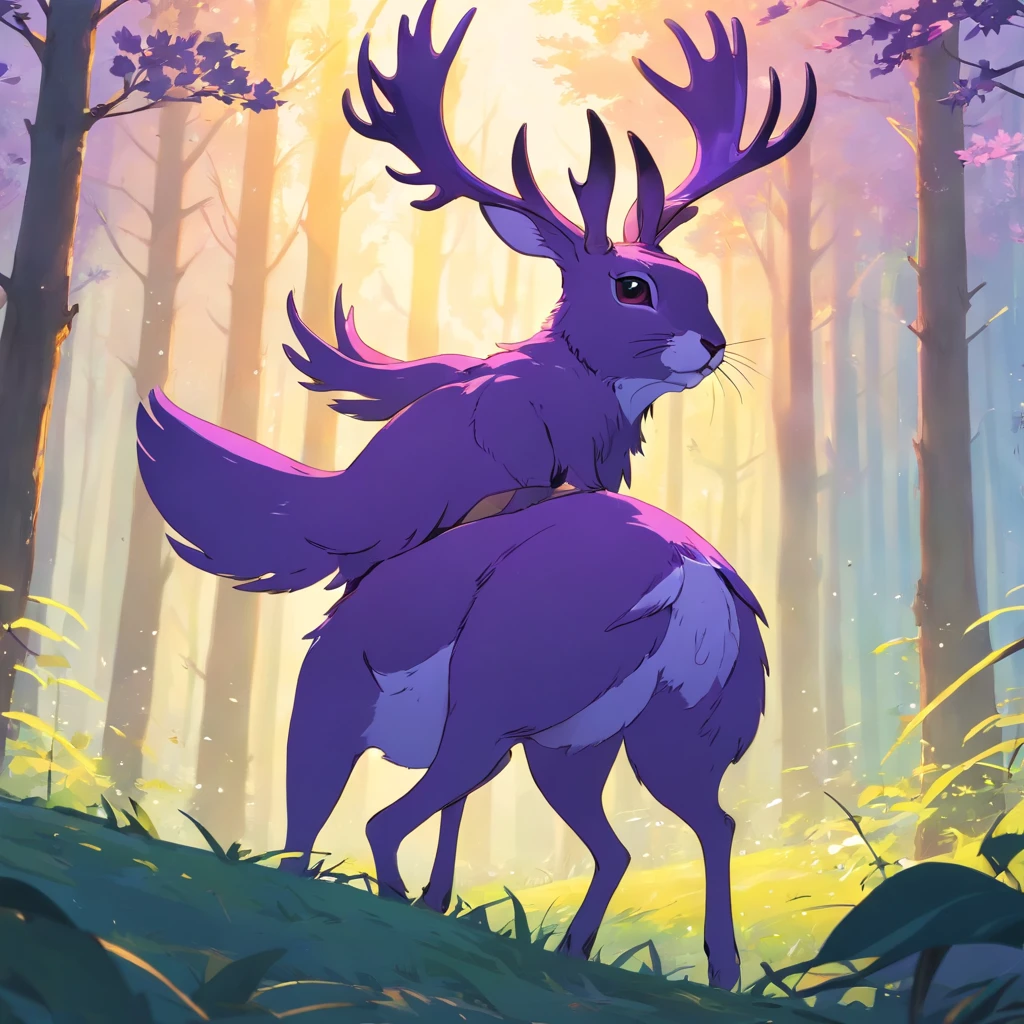 Knight Jackalope, short purple hair, jackalope antlers, dark armor(masterpiece, best quality)