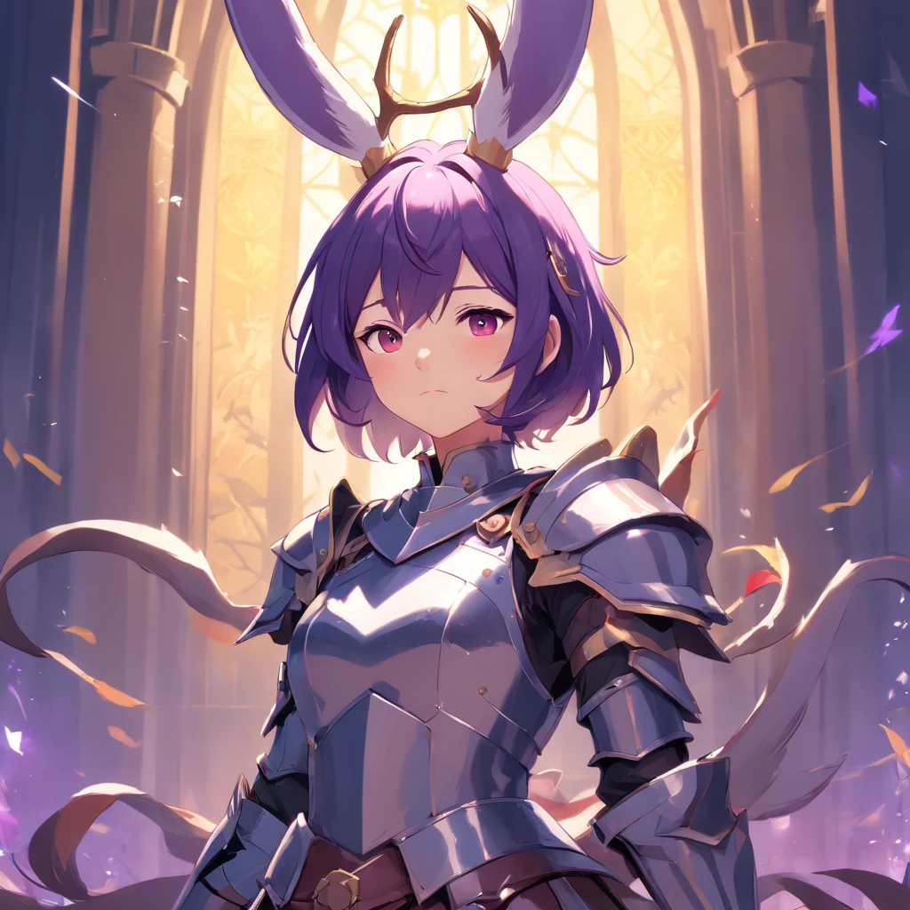 Knight Jackalope, short purple hair, jackalope antlers, dark armor(masterpiece, best quality)