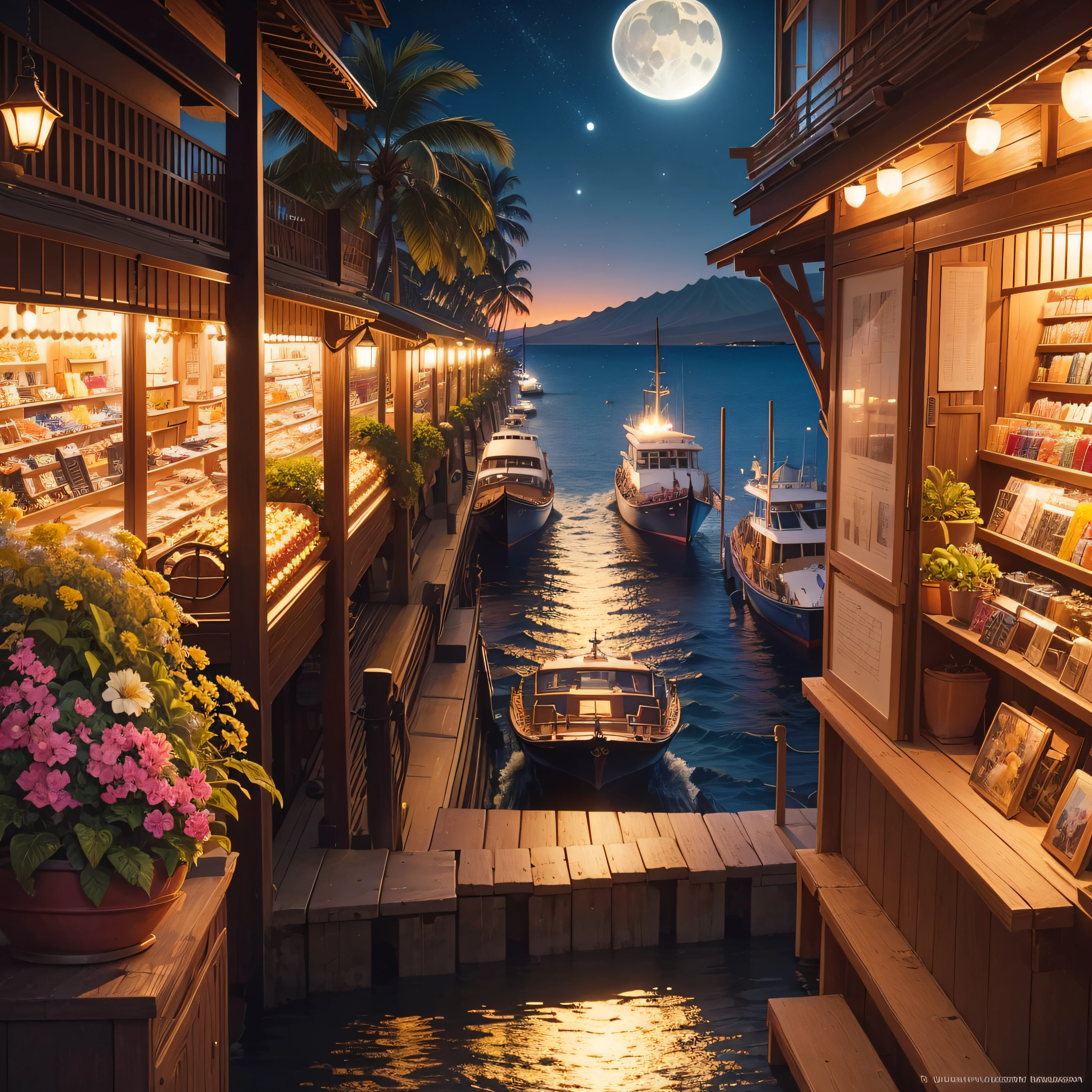 beautiful Hawaii, Lahaina ocean, boats Stores, Galleries, are in view the moon is full night(best quality，ultra - detailed, Illustration，Best shadow，masterpiece，A high resolution，professional artwork，famous artwork, In the style of Christian Riese Lassen Hawaii Artist