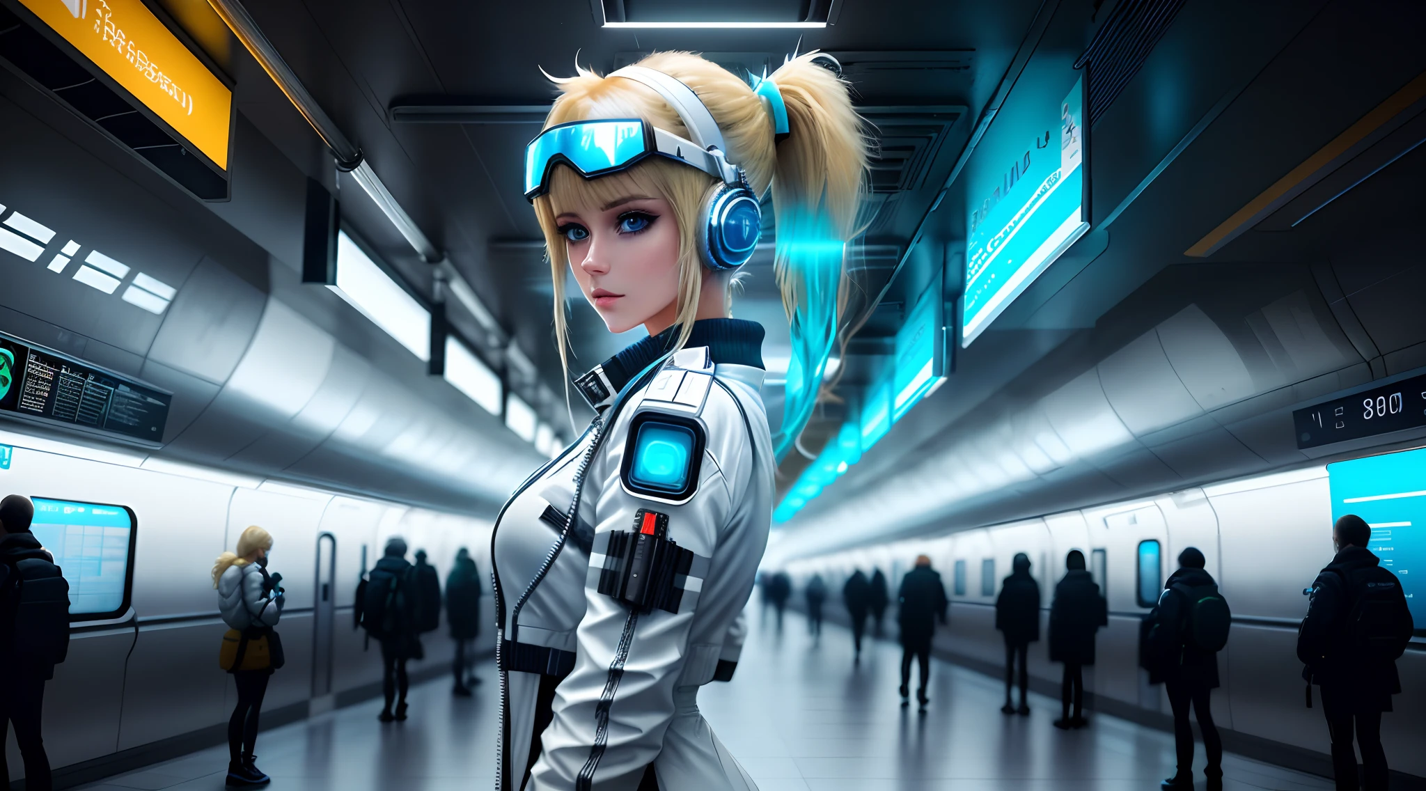 masterpiece, high quality, photo of a blond woman in white outfit posing in a subway station, pony tail. detailed picture, 30 y. o model girl, white headphones on ears, beautiful cyberpunk woman model, cyberpunk beautiful girl, cyberpunk vibe, cyberpunk futuristic, female cyberpunk anime girl, cyberpunk style, from below, cinematographic shot, wide angle photo, dramatic lightning, white neon, cyan neon, blurry background, white mirror cyberpunk sunglasses