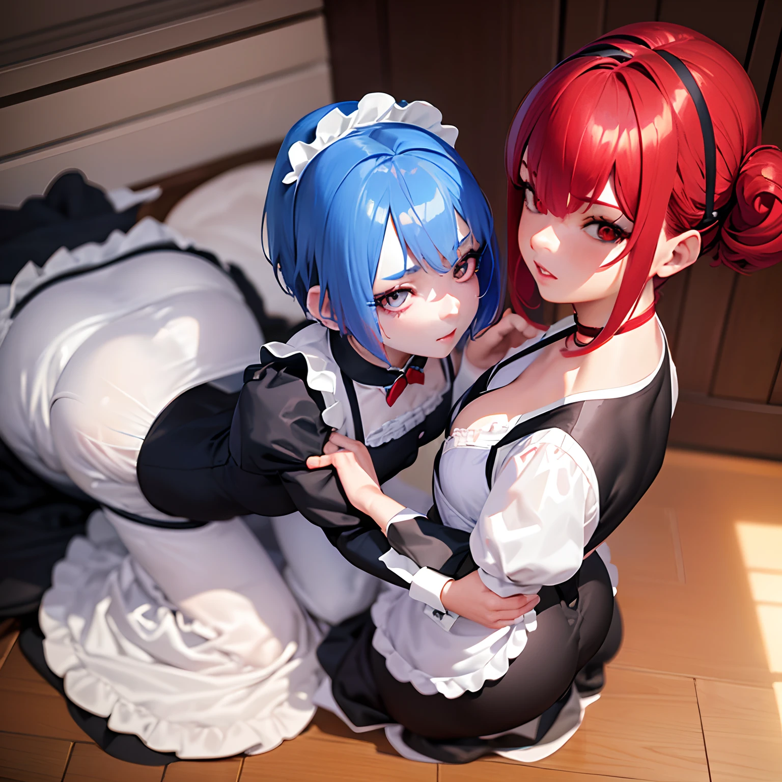 masutepiece, Best Quality, hight resolution, ram1, 1girl in, Solo, Remu \(Re:Staynight\), Blue hair, white thighhig, Short hair, Red Eyes, Hair over one eye, Ribbon trim, Hair Ribbon, X Hair Ornament, frilld, Maid headdress, Waist apron, garter strap, a black ribbon, medium breasts, cleavage, Long sleeves, White Apron, Neck ribbon, Purple Ribbon, Wide sleeves, Hair Flower, Indoors, masterpiece, super fine illustration, best quality, light particles, ultra-detailed, 8K wallpaper, (bright colors:1.2), (adult woman), voluptuous body, huge breast, carrot orange hair, long hair, twintail, two side up hair, shiny skin, (naked, yellow legwear), red ribbon, beautiful red eyes, slant eyes, shiny eyes, orgasm face, O-face, blush cheeks, arched back, (a man), (man behind woman), (man hold girl's waist:1.4), (vaginal penis), hetero, (top down bottom up, lying on back), (woman spread legs), (intense Sex:1.7), (cum out:1.2), nsfw, bedroom, light up, shadow,