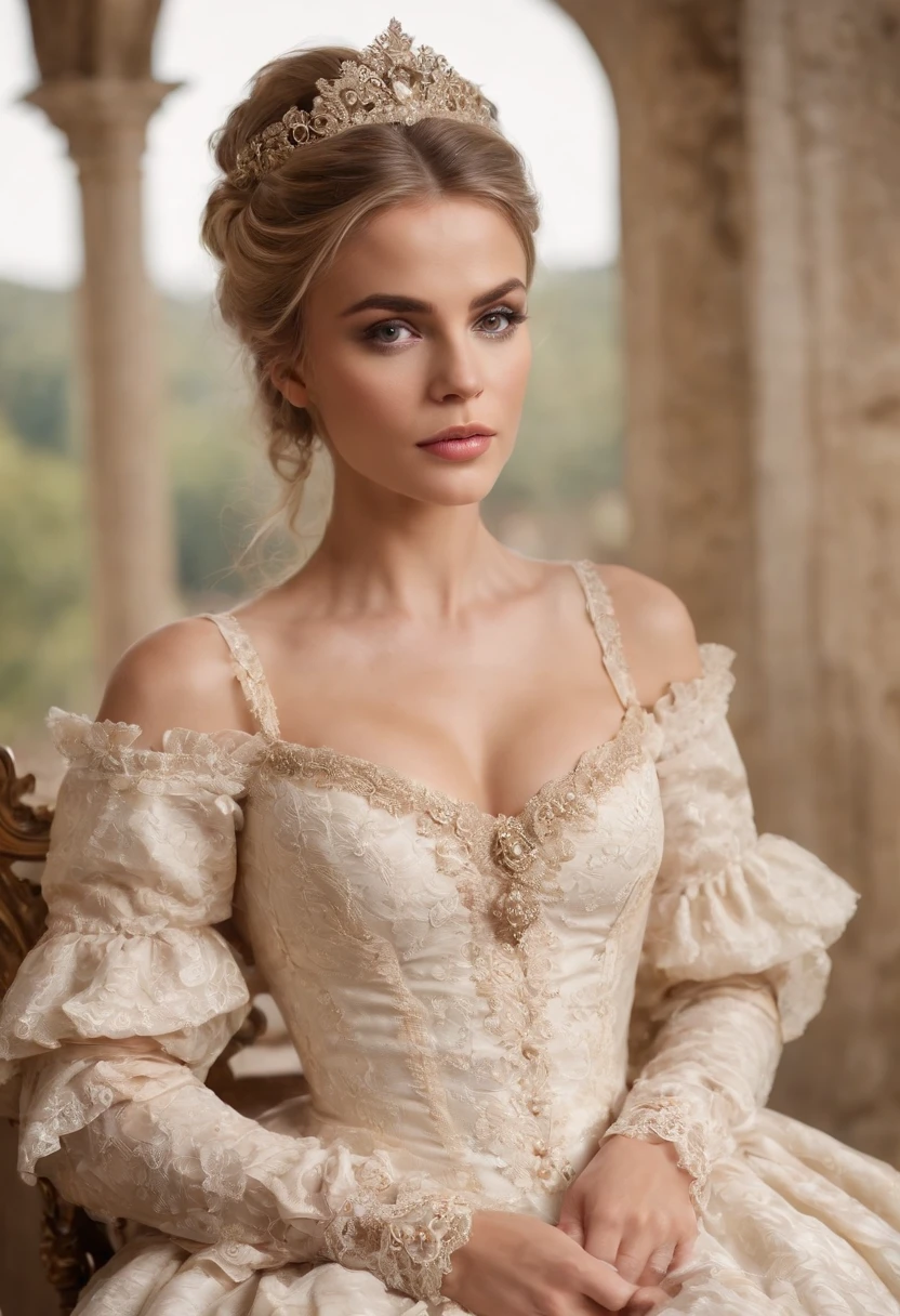 godess, face of carmen electra, woman around 26 years old, blonde, distinctive brown eyes, slender and graceful, beautiful, ultra sharp focus, realistic shot, rococo queen, white royal dress, in victorian aristocrat, intricate victorian dress, dress in the style of rococo, rococo style portrait, rococo dress, beautiful female princess, historical baroque dress, aristocratic clothing, ivory rococo, beautiful fantasy maiden, victorian dress, rococo fashion