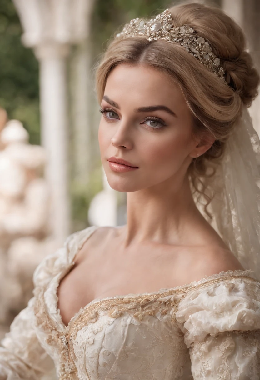 godess, face of carmen electra, woman around 26 years old, blonde, distinctive brown eyes, slender and graceful, beautiful, ultra sharp focus, realistic shot, rococo queen, white royal dress, in victorian aristocrat, intricate victorian dress, dress in the style of rococo, rococo style portrait, rococo dress, beautiful female princess, historical baroque dress, aristocratic clothing, ivory rococo, beautiful fantasy maiden, victorian dress, rococo fashion