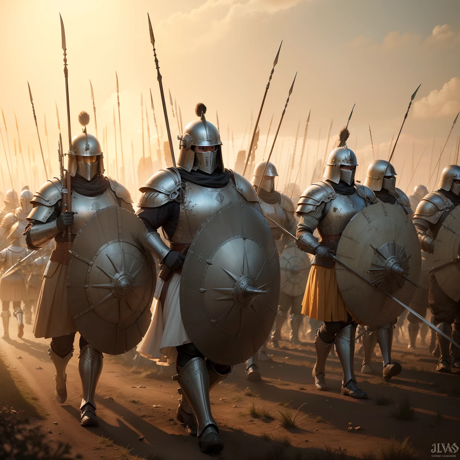 Create a digital artistic representation that depicts the arrival of the emperor's legion on a battlefield. Certifique-se de incluir os seguintes detalhes: legionnaires marching in formation, arqueiros disparando flechas, steel pectorals shining in the light of the setting sun, Armor with hinged plates covering the arms, pernas, Shoulders and neck, Knitted skirts on the thighs and buttocks, capacetes no estilo grego antigo, luvas de metal, Reinforced Boots, escudos ovais e uma variedade de armas, como espadas curtas, spears and axes. Garanta que todos esses elementos estejam representados de forma clara e detalhada na imagem final.