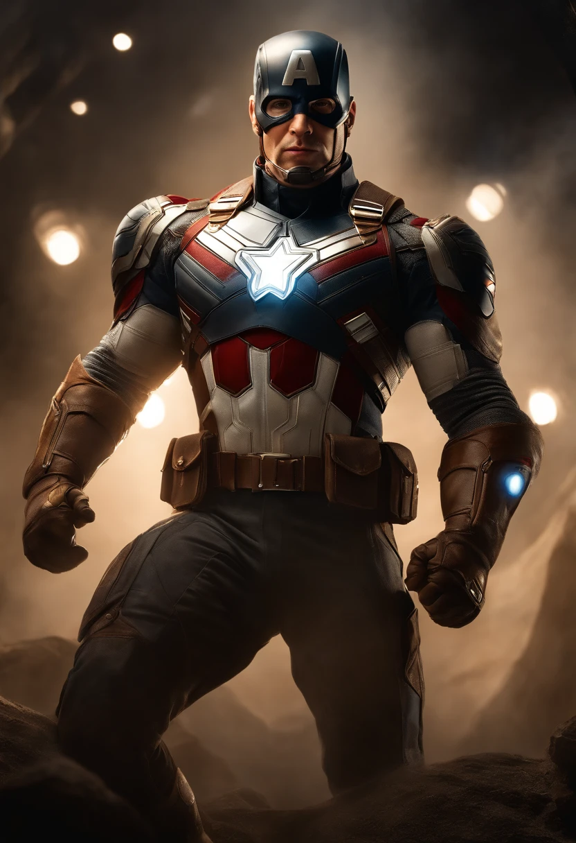 Full body photo of Captain America in white and gold armor suit, no mask on, Capa Branca, looking at the center camera, perfect composition, bonito, detalhado, intrincado, Intricate octane render trend in Artstation, 8 k artistic photography, arte conceitual fotorrealista, soft natural volumetric cinematic perfect light, Chiaroscuro, Fotografia premiada, master part, oil on the canvas, Raphael, Caravaggio, Greg Rutkowski, bipe, Beksinski, Giger, trending on ArtStation, foco nítido, Studio photo, detalhes intrincados, altamente detalhado, fundo noturno da cidade, Directed by: Greg Rutkowski, ((Chibi))