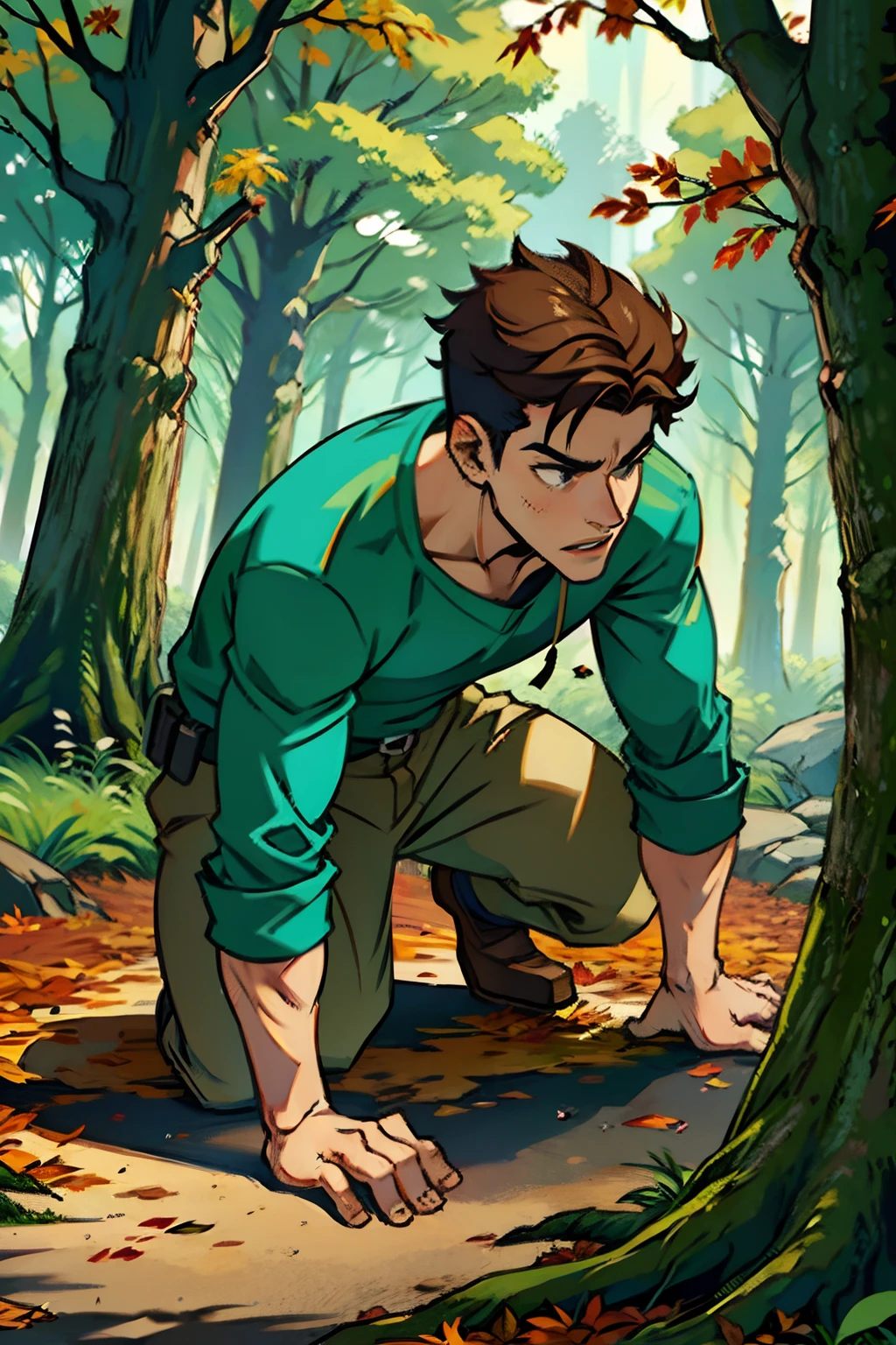 A young man crawling on the ground through the woods, background is autumn trees in dark forest, mood is arrested frustration, character design.