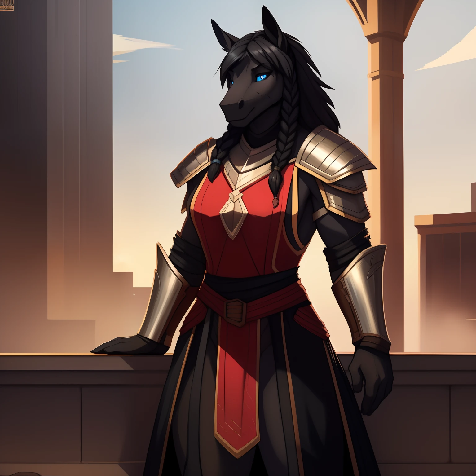 Athletic_horse female black_mane long_single_braid dark_gray_furry_body blue_eyes scarred_face heavy_plate_armor surcoat tabard solo Masterpiece best_quality absurdres highly_detailed cleanly_drawn_eyes anthro_only by_claweddrip, by_greasymojo, by_underscore-b, by_runawaystride