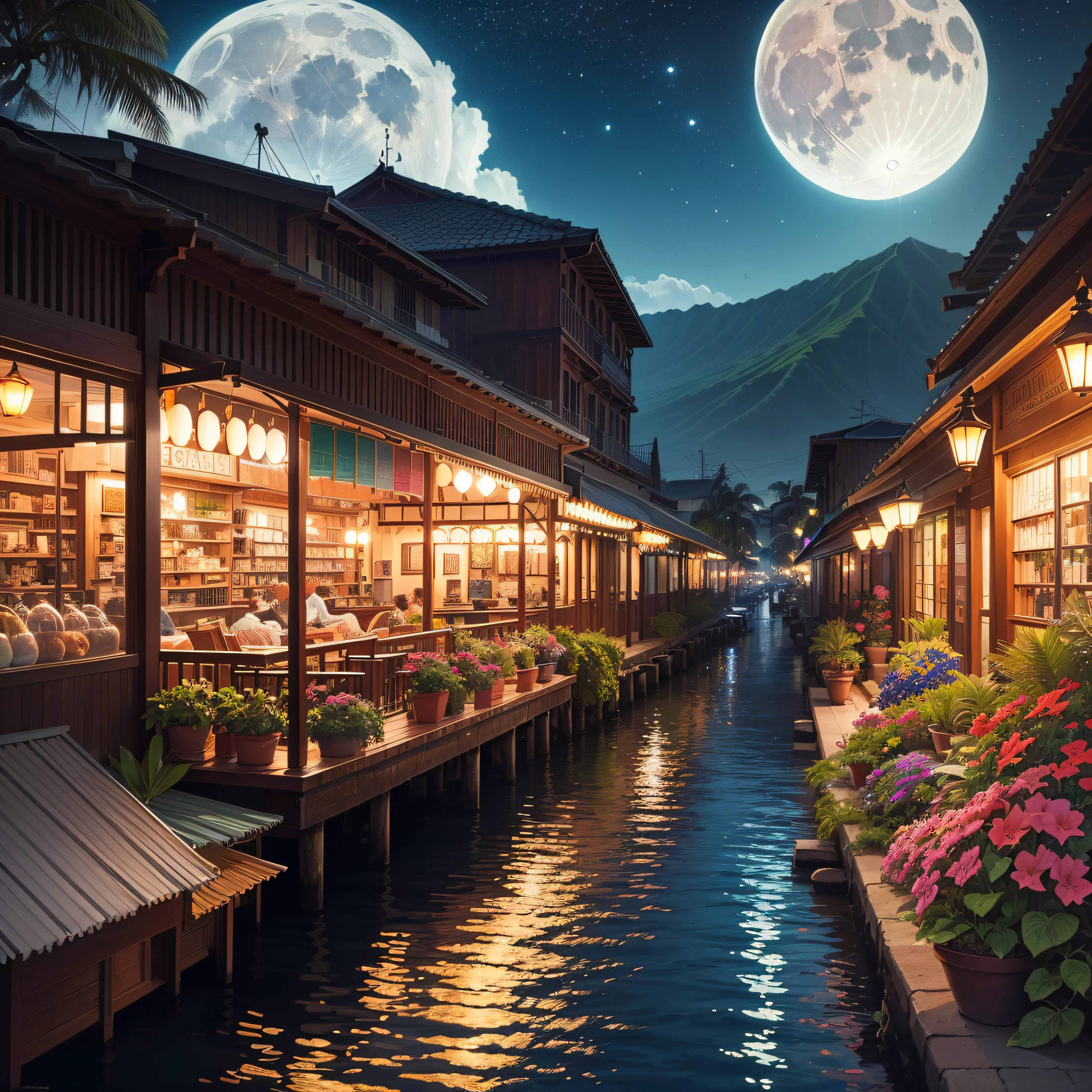 beautiful Hawaii, Lahaina ocean, boats Stores, Galleries, are in view the moon is full night(best quality,ultra - detailed, Illustration,Best shadow,masterpiece,A high resolution,professional artwork,famous artwork, In the style of Christian Riese Lassen Hawaii Artist