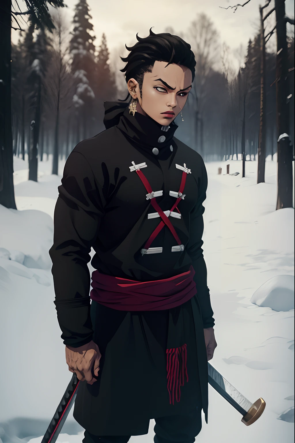 jovem negro, inverno, roupas de inverno, Penteado Zoro, cabelos pretos, espada vermelha, negro, black eyes