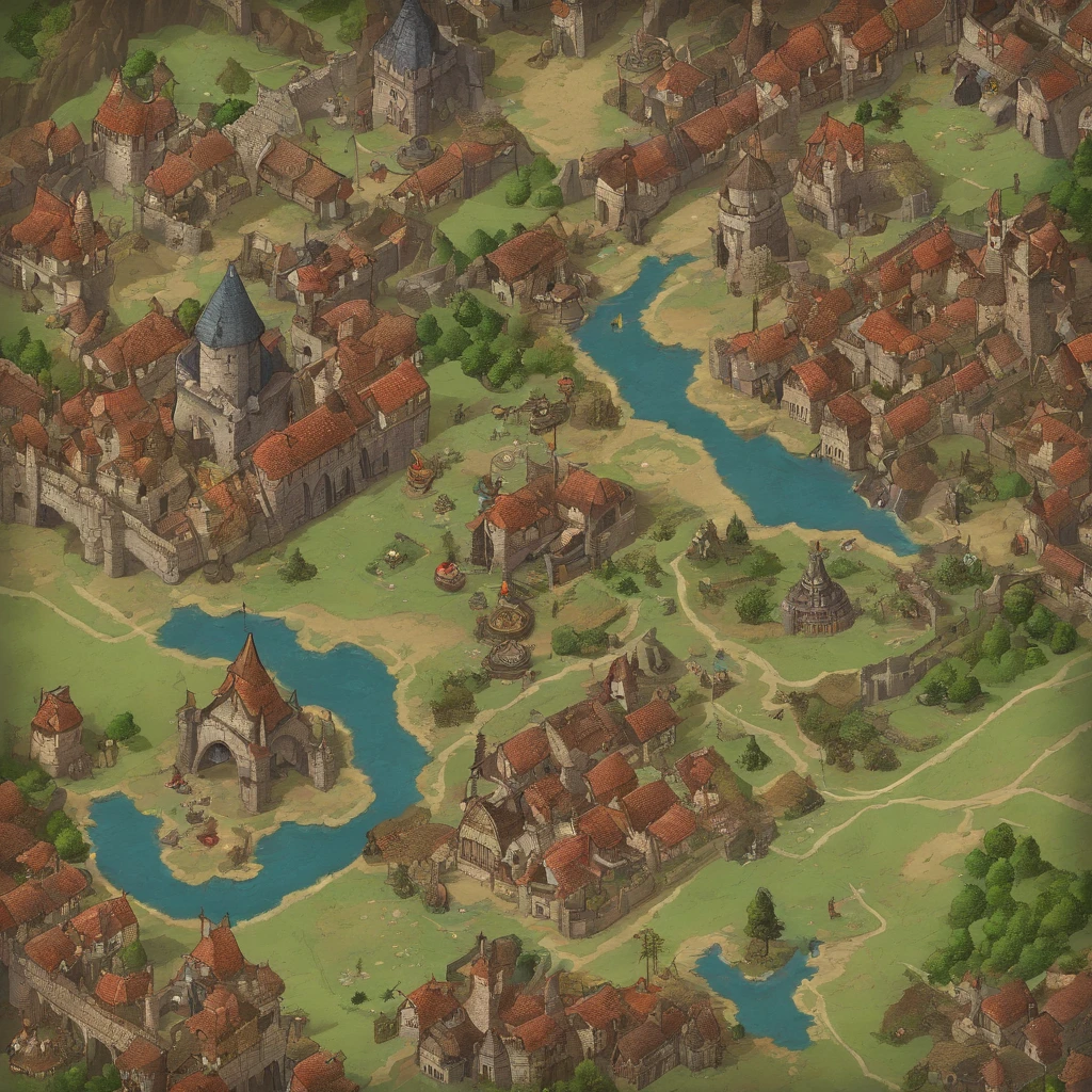 Uma cidade medieval parar narrar tabletop, where it is totally destroyed, Tem um mecanismo estilo metralhadora, tem um estilo que reflete uma cidade rpg fantasia,