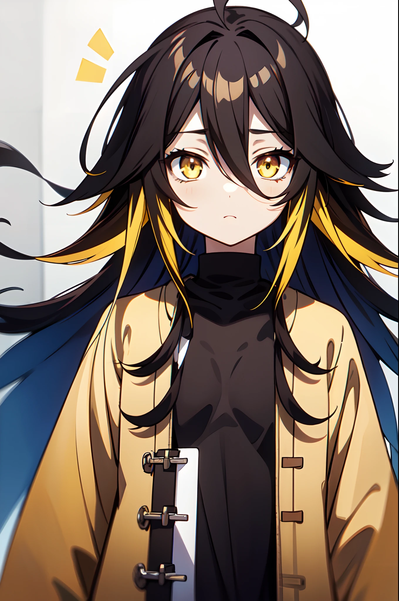 1girl, , solo, absurdly long hair, big hair, ahoge, hair bangs, hair between eyes, spiked hair, messy hair, (black hair, yellow hair, blue hair, gradient hair:1.2), neutral, inexpressive, (small breasts, loli:1.2), yellow eyes, wearing just a simple coat, (((brown coat))), arms behind back, pale skin, looking at viewer, standing, (upper body, face only), masterpiece, best quality, 4k