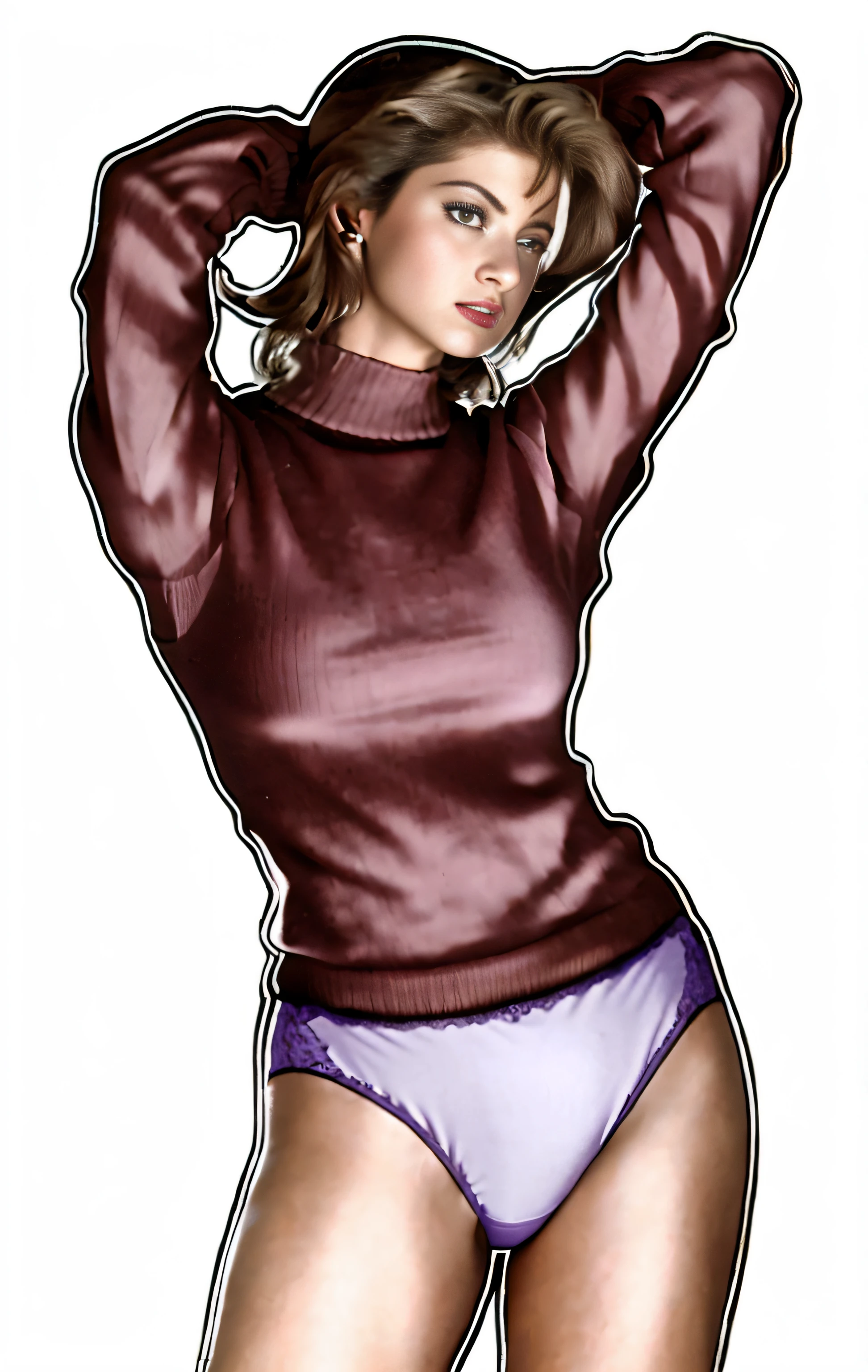 ((masterpiece, best quality)), Curvy Hispanic woman with medium length brown hair with bangs, in red sweater and ((purple high cut panties)), hands behind her head, green eyes, ((photo realistic)), intricate details, 80's film, 80's movie scene, 80's TV Style, 80's women's underwear commercial