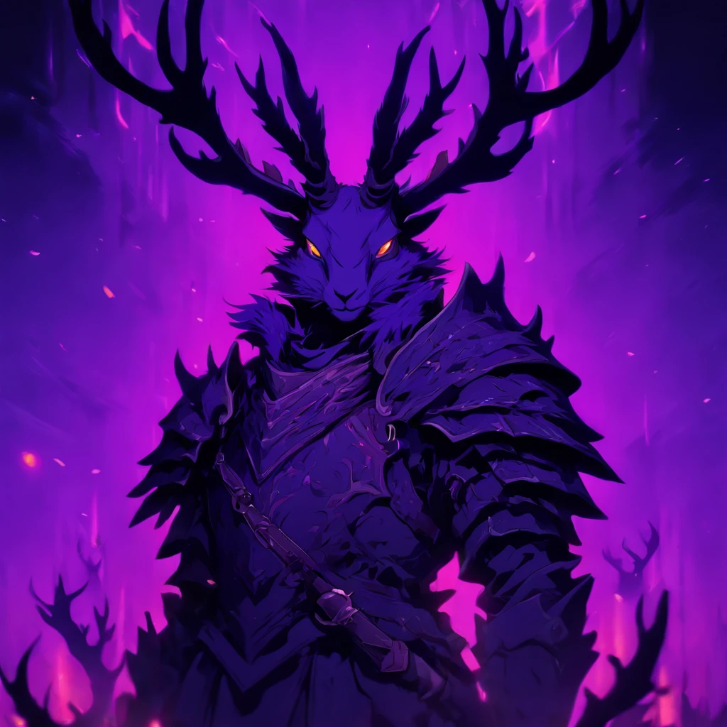 Knight Jackalope, short purple hair, jackalope antlers, dark armor, nightmarish night (masterpiece, best quality)