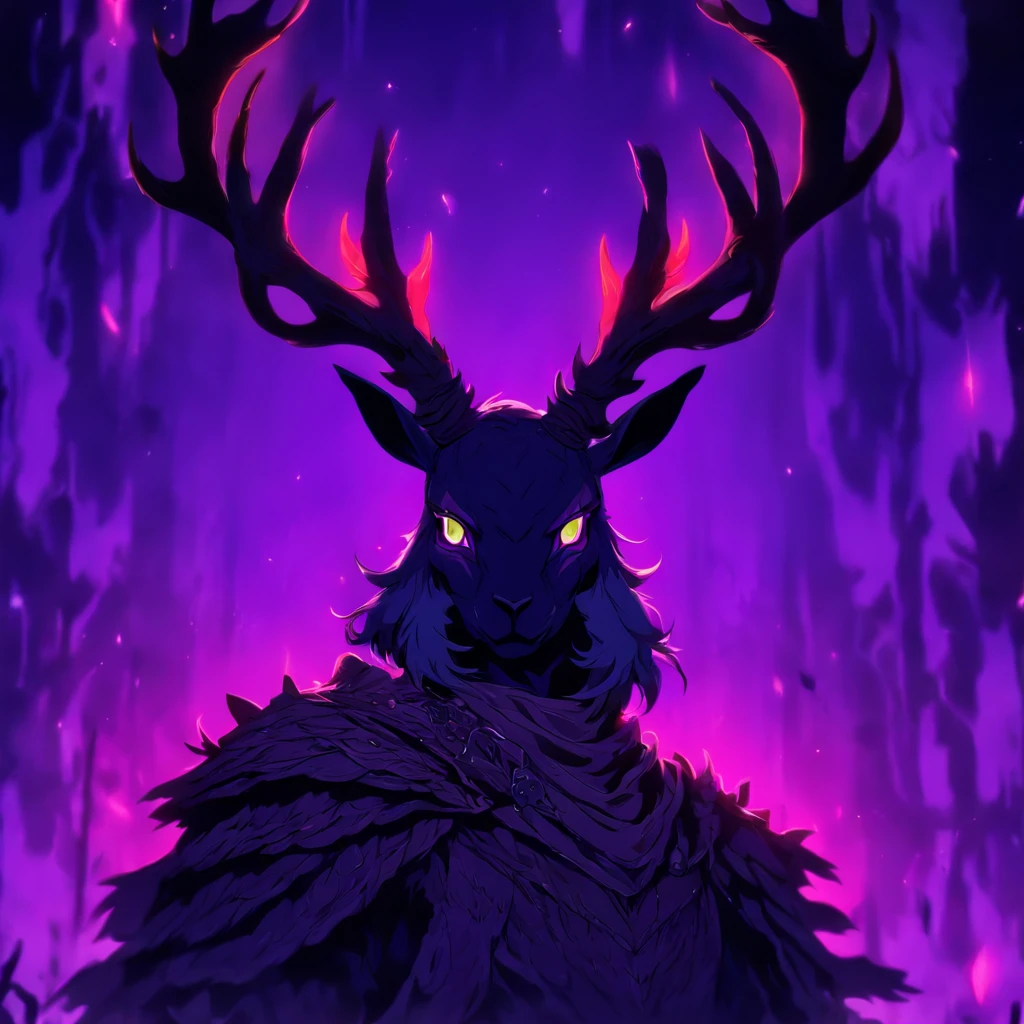 Knight Jackalope, short purple hair, jackalope antlers, dark armor, nightmarish night (masterpiece, best quality)