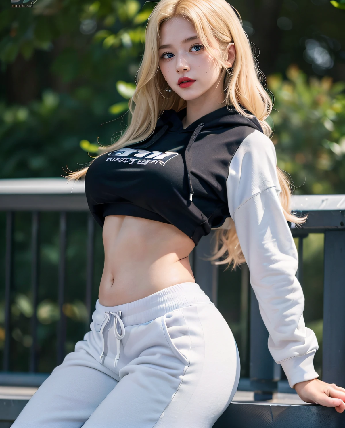 1girl, (Blue Eyes), (smiling :1.2), (Sana Minatozaki), (beautiful makeup :1.2), wide hips, (big tits :1.1), (big ass), (thin waist :1.2), (thick thighs), (toned legs :1.1), muscle, (Best Quality, 8k, Masterpiece: 1.3), Clear Focus: 1.2, Perfect Body Beauty: 1.4, (strong abs :1.2), Highly detailed face and skin texture, detailed eyes, double eyelids, (shiny skin :1.2), (long blonde hair :1.2), (black sweatshirt :1.3), (white thong :1.3), standing, dynamic pose, in a living room, windows in the background