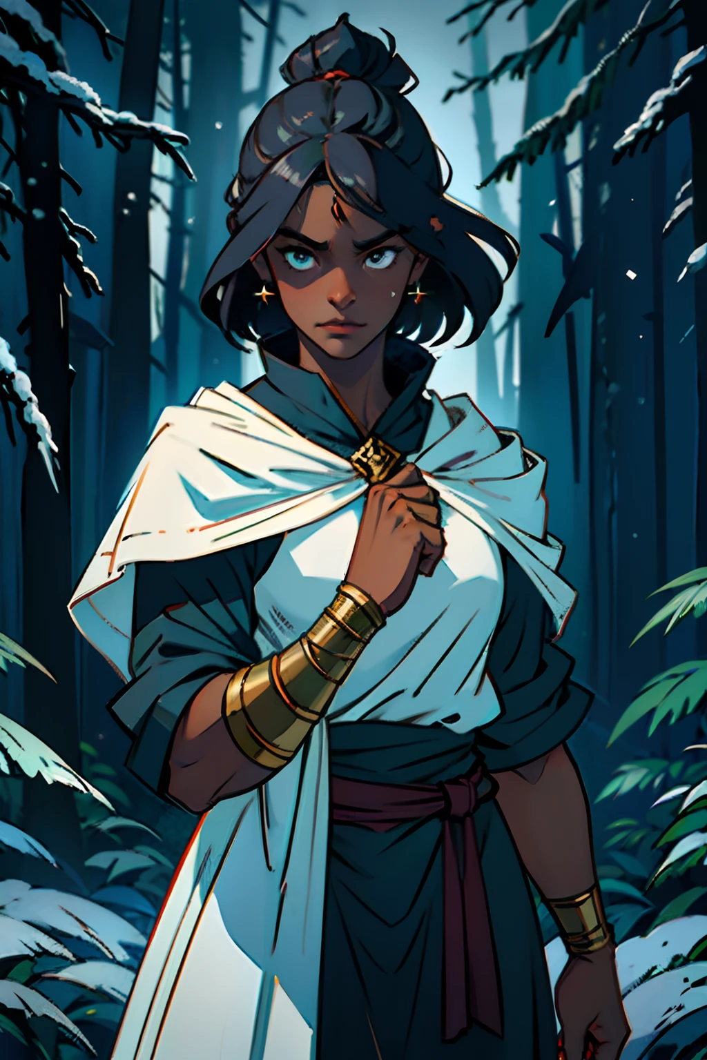 (Latina elf girl, chocolate skin tone, white priestess robe, white short pants, sandals), brutal smirk face, plump lips, (black hair, very long and thick braid), yellow eyes, fitness figure, (detailed portrait, focus face), jungle temple, standing pose